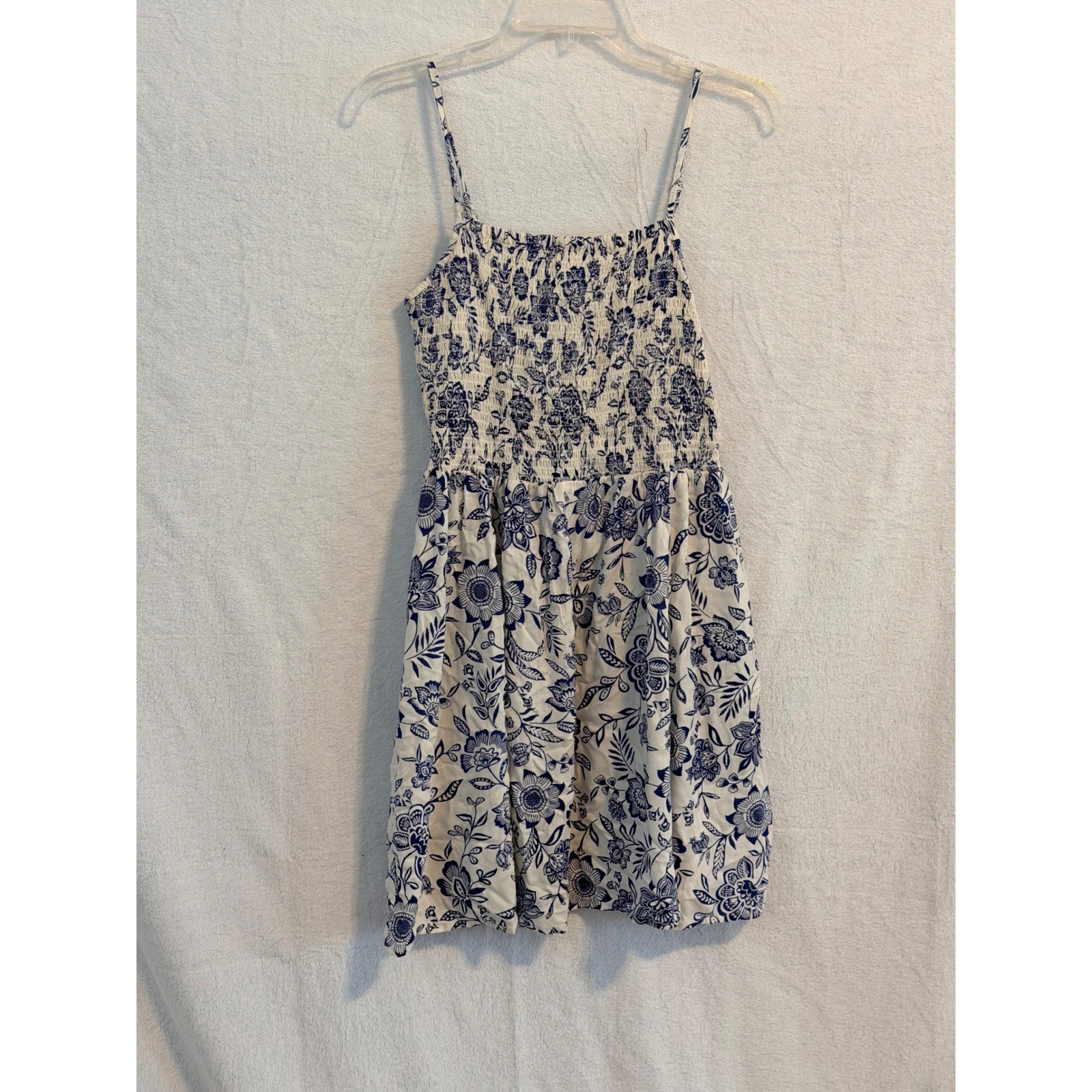 Angie Blue White Floral Smocked Mini Dress Womens Large NWT Rayon Boho Summer