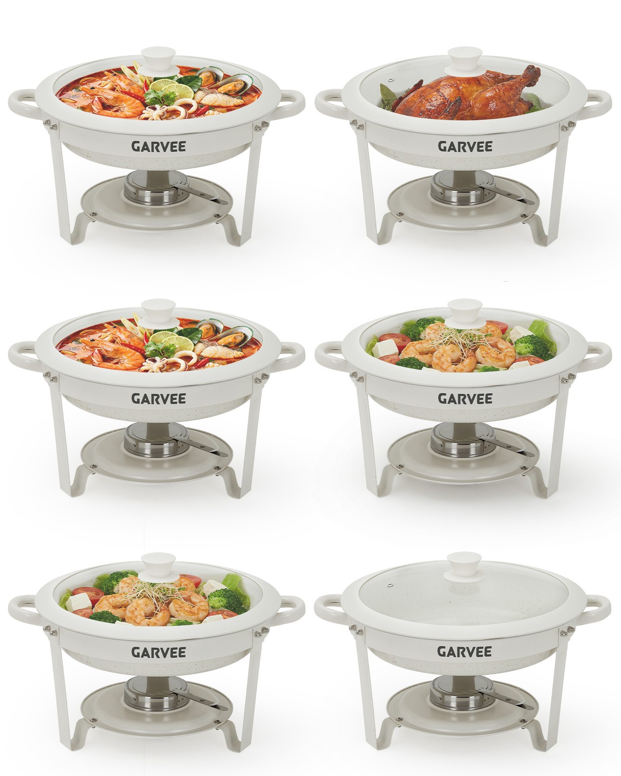 2/4/6 Pack Round Chafing Dish Set 5QT Maifanite Coated Buffet Warmer White