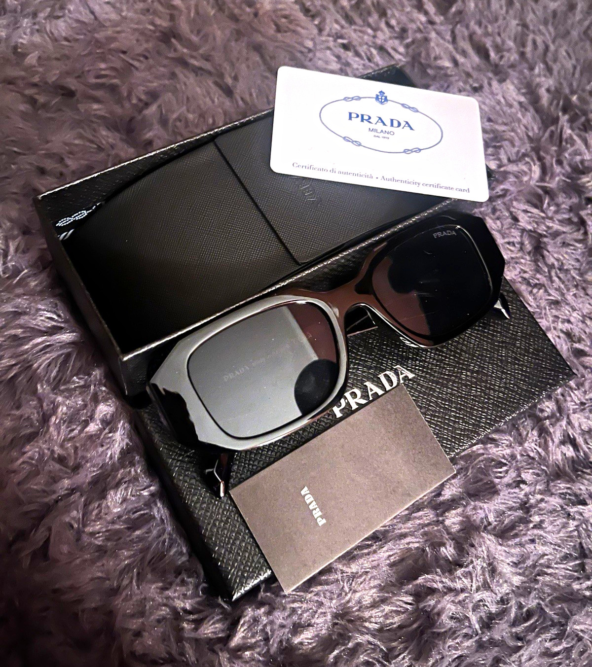 PRADA  Square Sunglasses Black Plastic Frame Gray Tinted Case