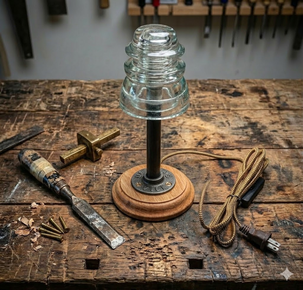 Steampunk Desk Lamp: Upcycled Glass Insulator, Industrial Decor
