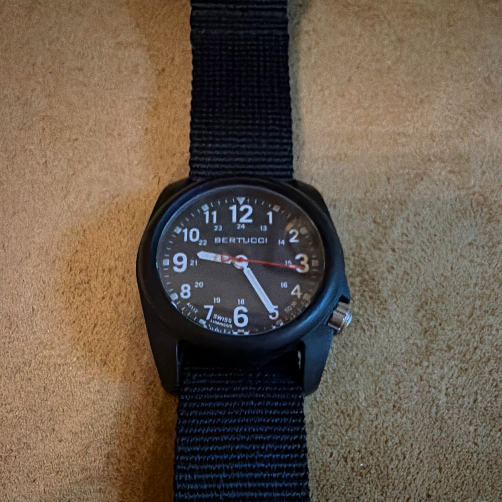 Bertucci A-2R Polymer Resin Quartz Watch Black Dial 24-Hour Lume Nylon Strap