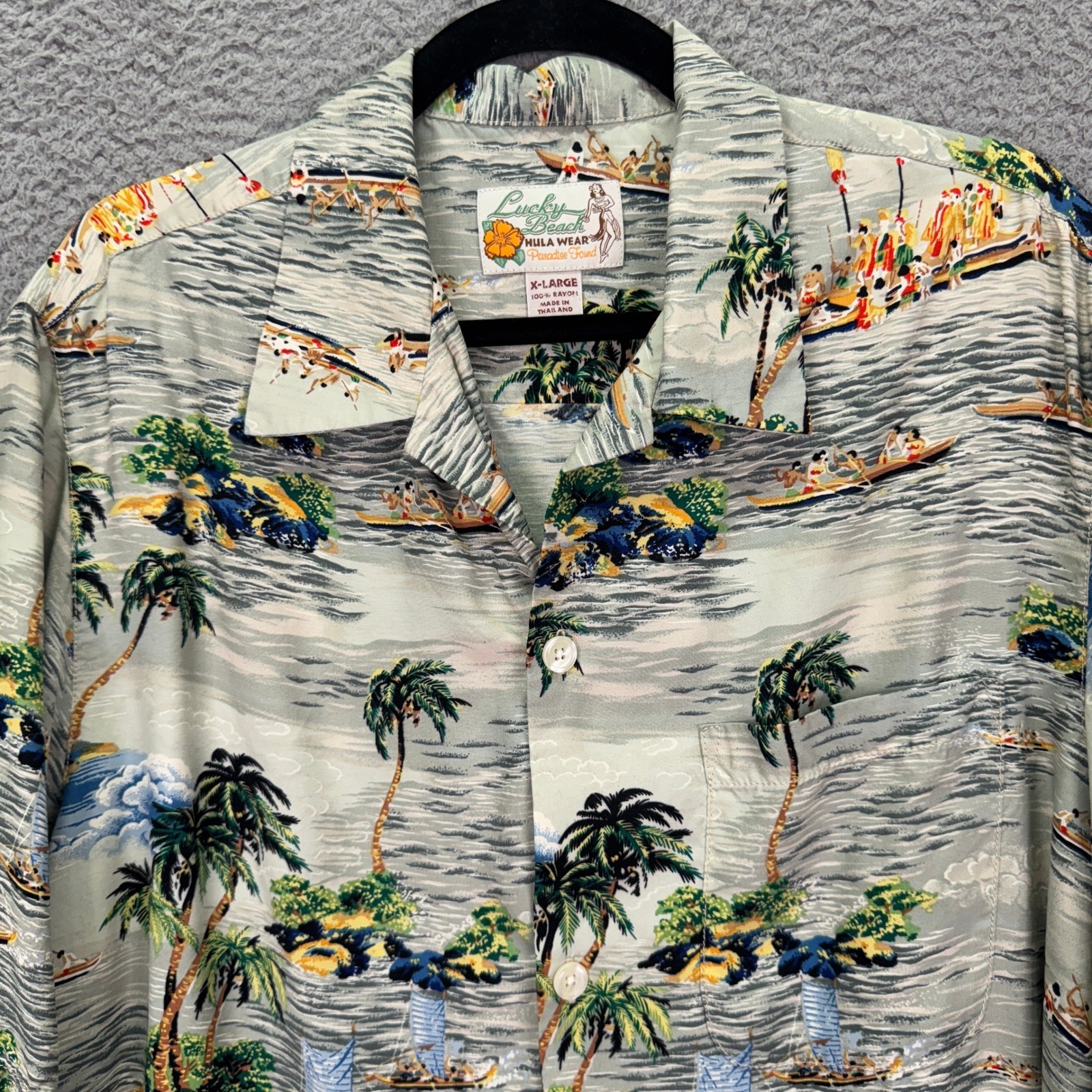 Lucky Beach Hula Wear Shirt Mens XL Paradise Found Rayon Hawaiian Scenic Print Lucky Beach Hula Wear Shirt Mens XL Paradise Found Rayon Hawaiian Scenic Print