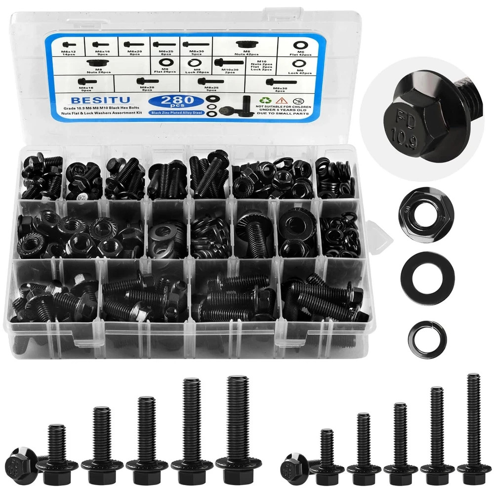 280Pcs Metric Flange Bolt Assortment M6X1.0 M8X1.25 M10X1.5 (12Mm To 30Mm) Black