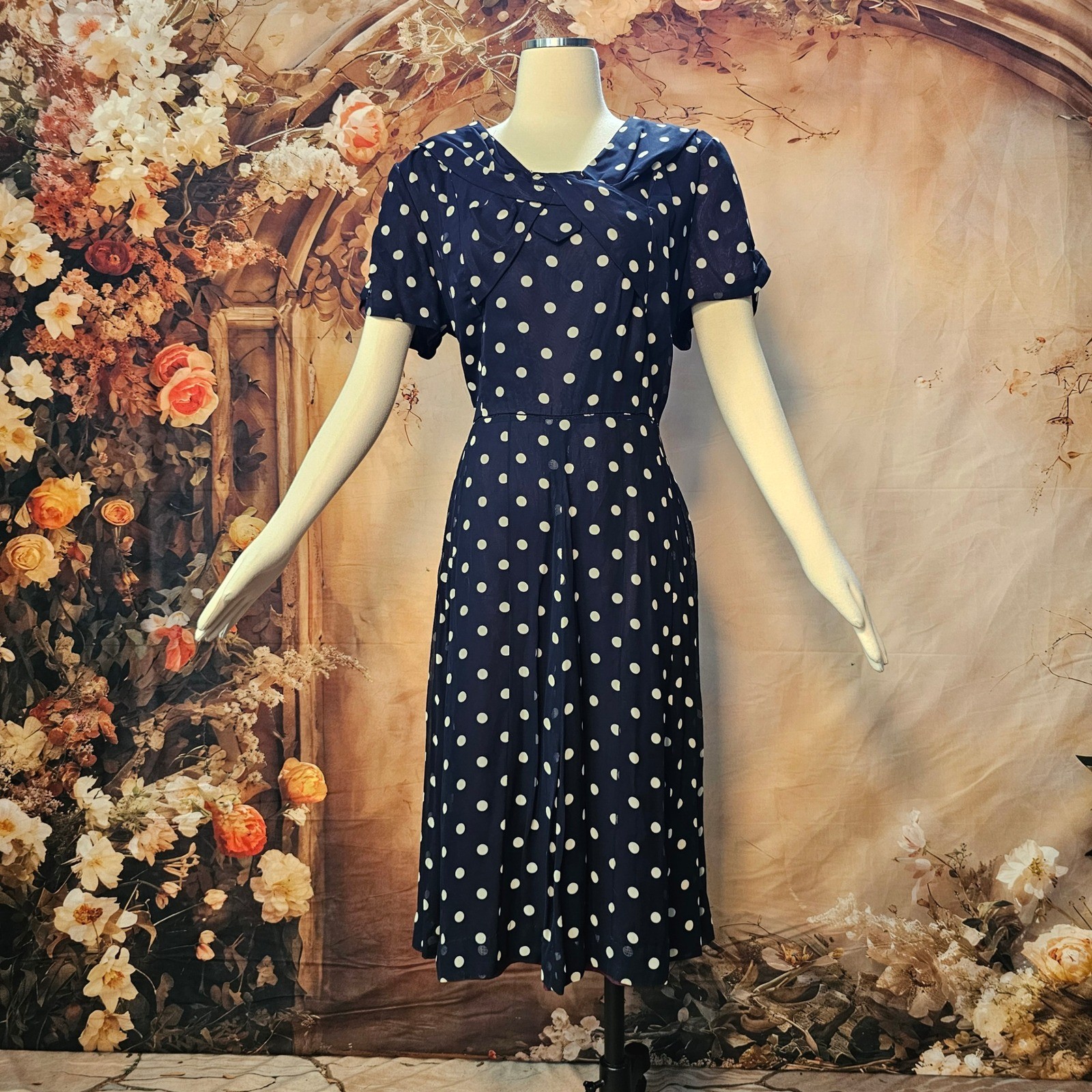 Vintage 1940s Navy Blue White Polka Dot Dress Short Sleeve Bow Neck Pinup