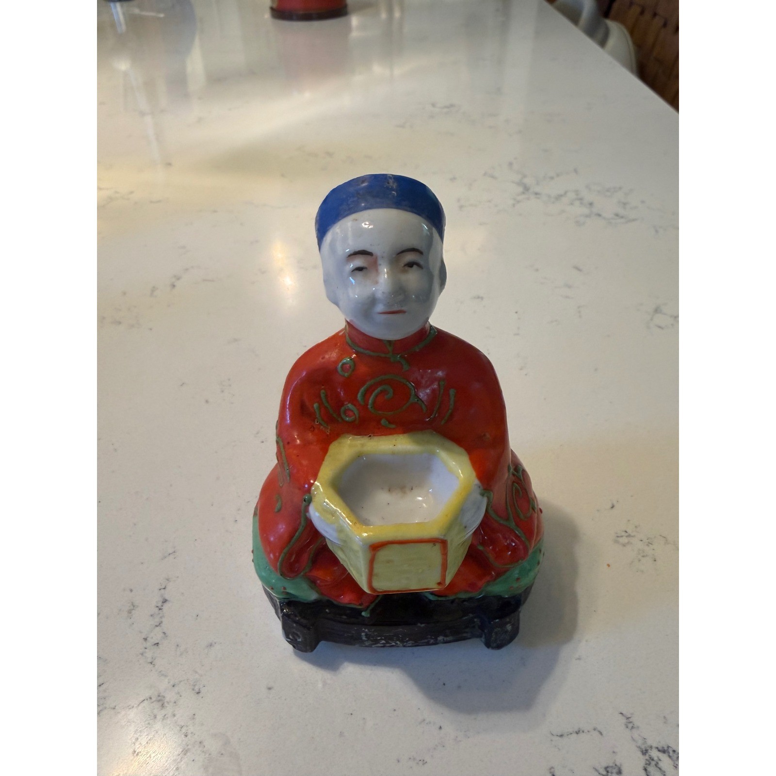 Vintage Chinese Porcelain Figure Seated Man Incense Burner Red Robe Hand Painted