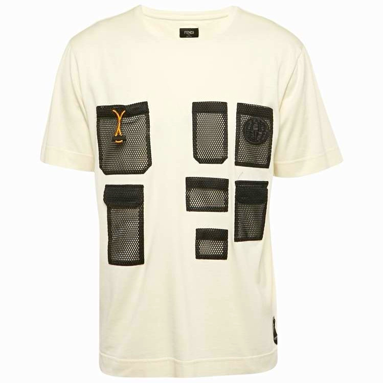 Fendi Men’s Crew Neck Cotton T-Shirt Mesh Pockets White/Black/Yellow L Fendi Men’s Crew Neck Cotton T-Shirt Mesh Pockets White/Black/Yellow L