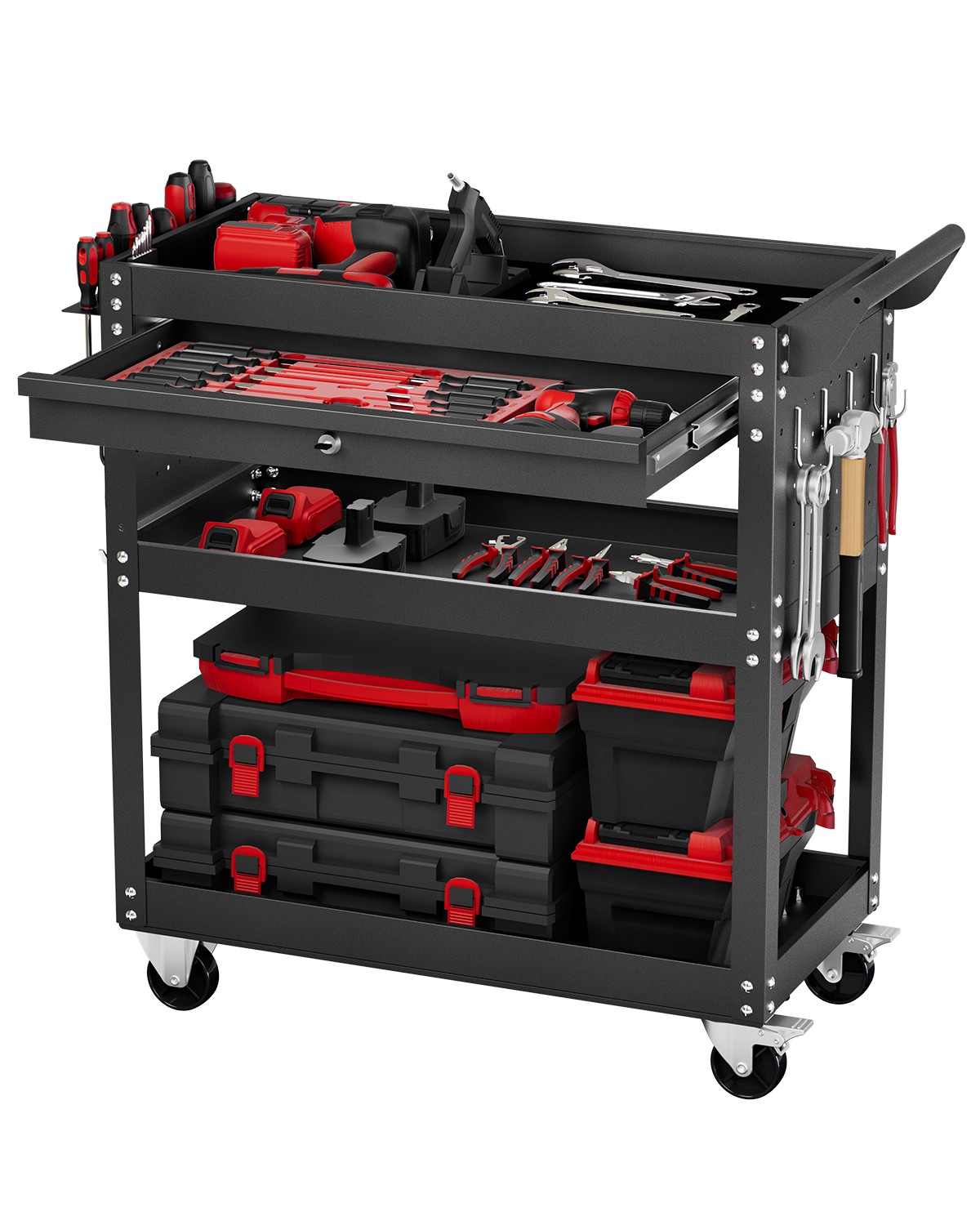 Uimoso 4-Tier Rolling Tool Cart with Drawer and Pegboard 350 lb Capacity