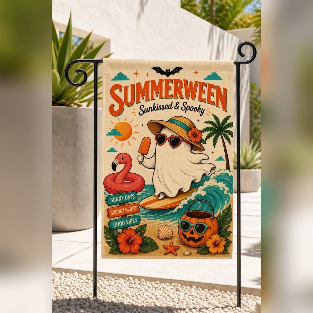 Garden Flag Summerween Retro Ghost Spooky Beach Polyester Outdoor Decor