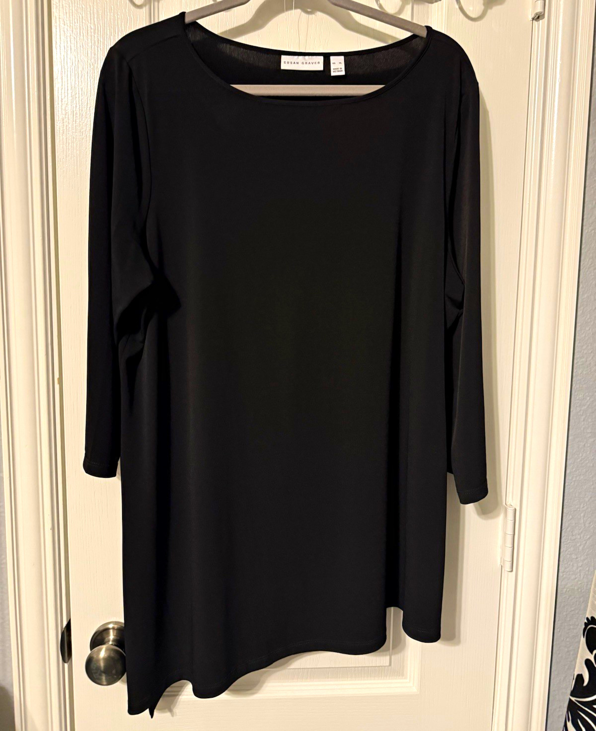 Susan Graver Black 3/4 Sleeve Round Neck Liquid Knit with right side slant Susan Graver Black 3/4 Sleeve Round Neck Liquid Knit with right side slant