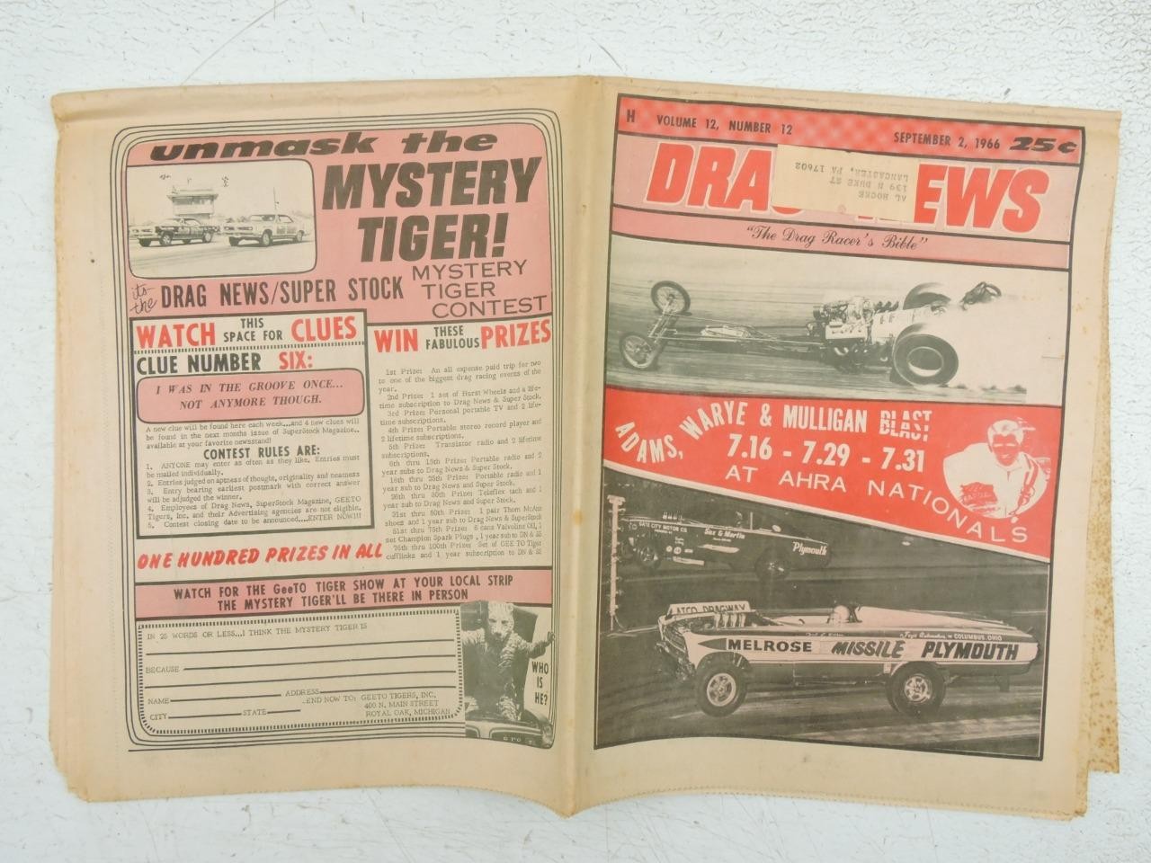 Drag News Newspaper September 2, 1966 Drag Race Ford Chevy Plymouth Mopar B10348