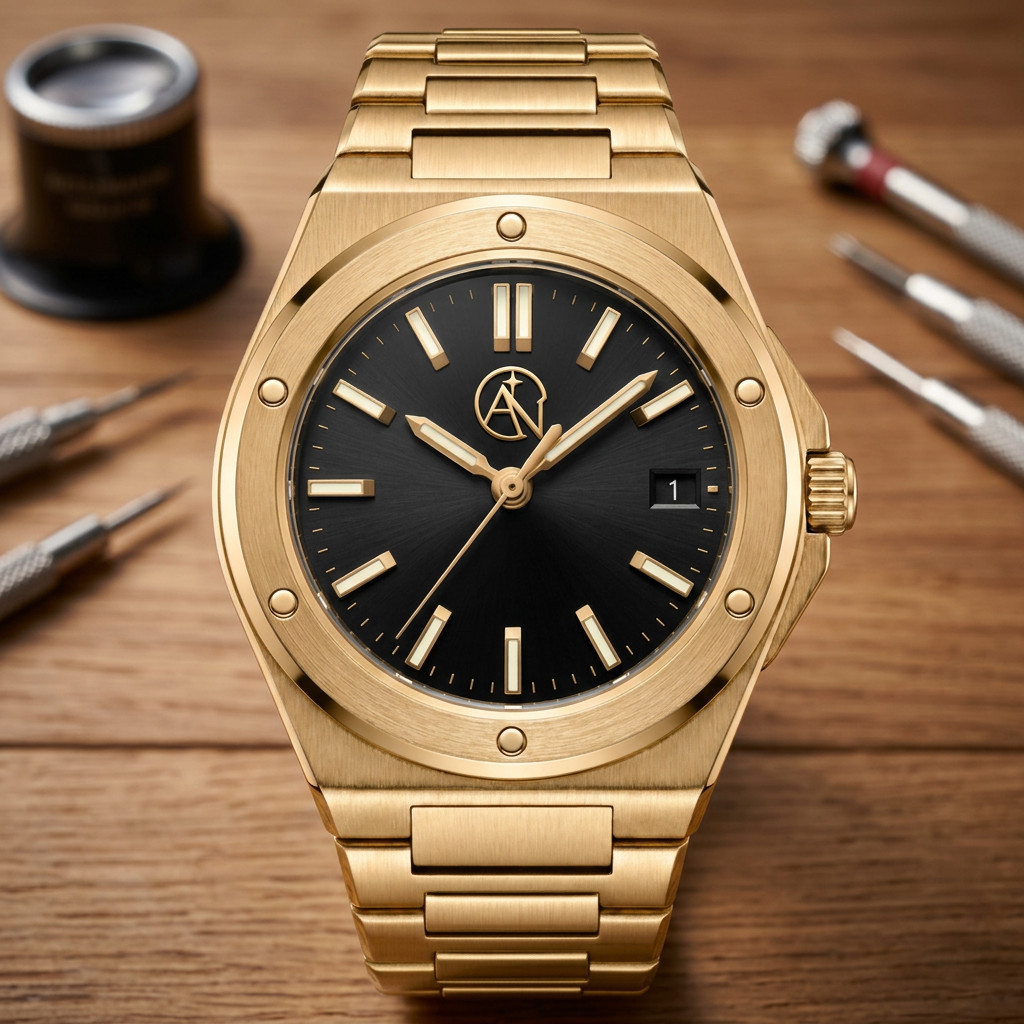 Aureus Nova Yellow Gold Black Dial Date Watch Men\'s Stainless Steel Bracelet New