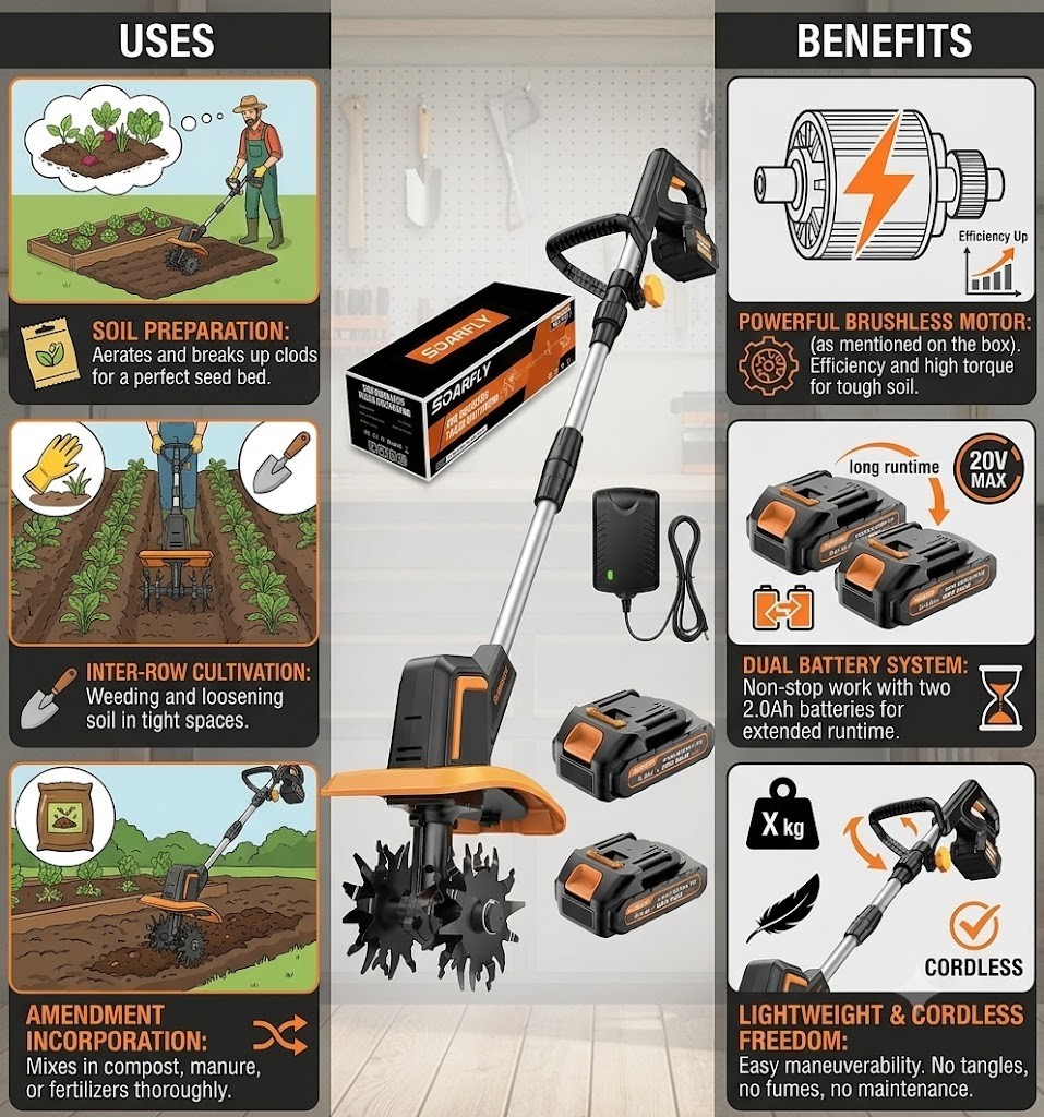 Upgraded Cordless Tiller for Gardening with Dual 2.0Ah Batteries, 48 Steel Tines Upgraded Cordless Tiller for Gardening with Dual 2.0Ah Batteries, 48 Steel Tines