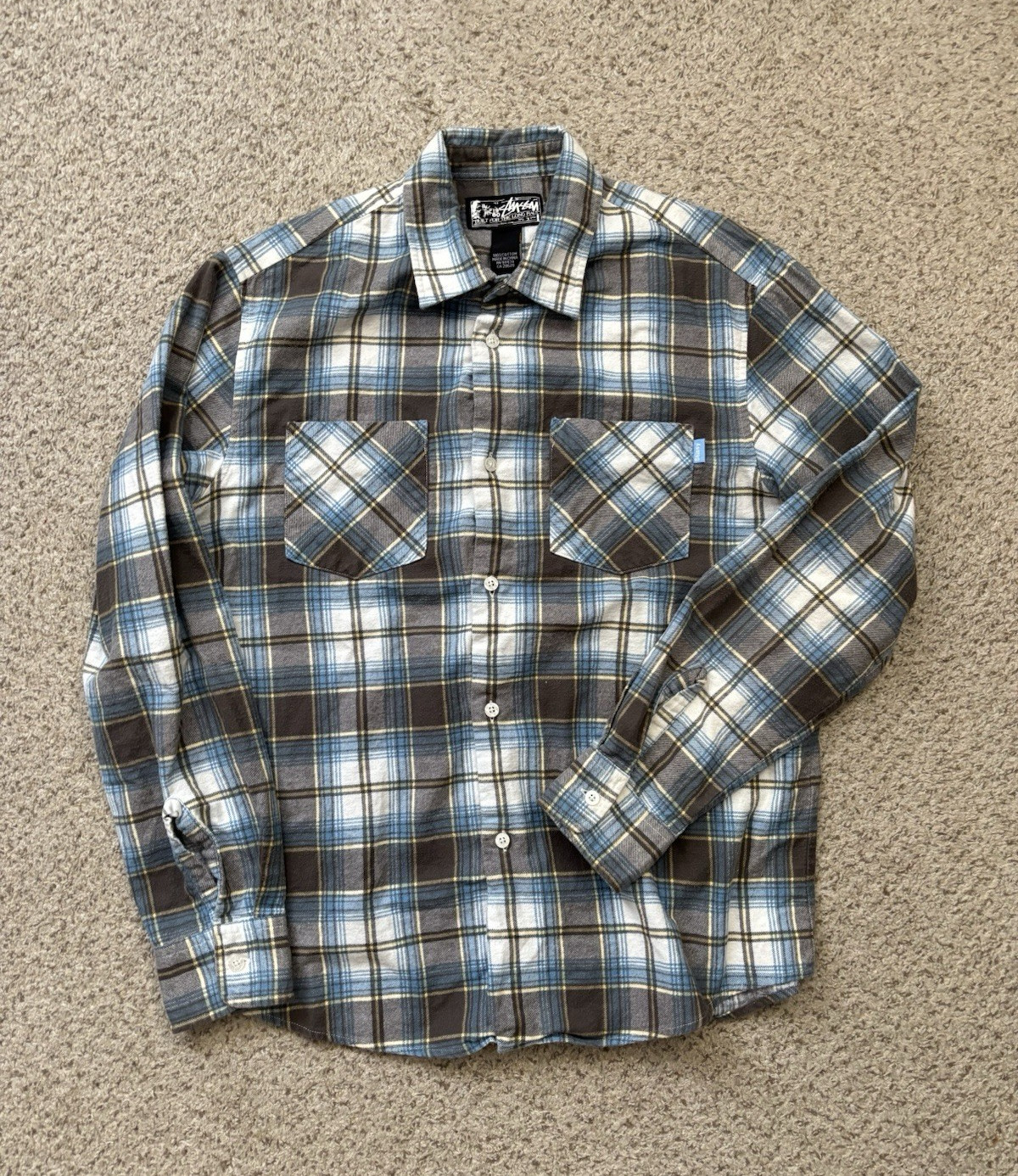 Stussy Shirt Mens Size Medium Gray Blue Plaid Long Sleeve Flannel Cotton Pockets