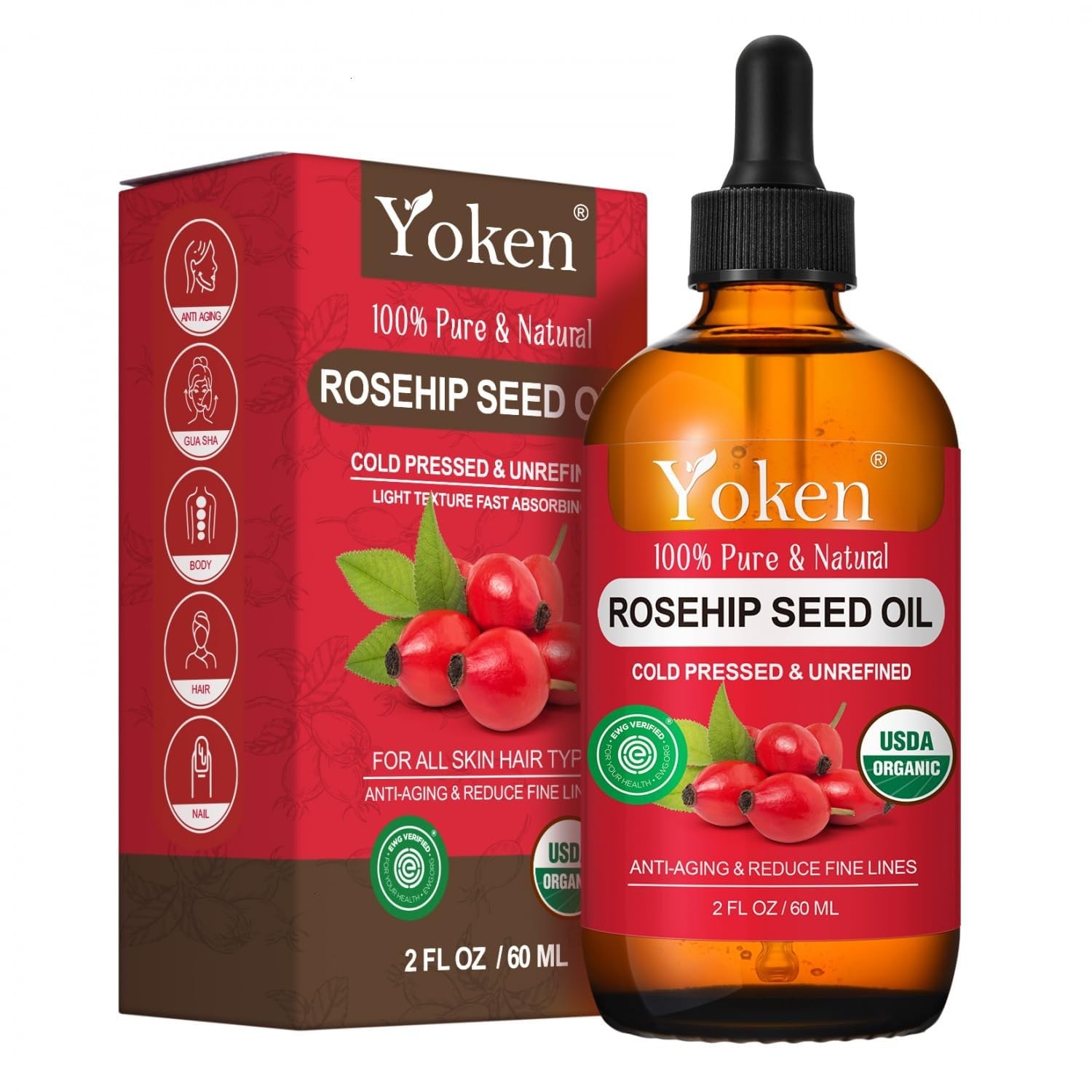 Yoken Organic Rosehip Seed Oil for Face Skin & Hair Cold Pressed 2 fl oz Rose Yoken Organic Rosehip Seed Oil for Face Skin & Hair Cold Pressed 2 fl oz Rose