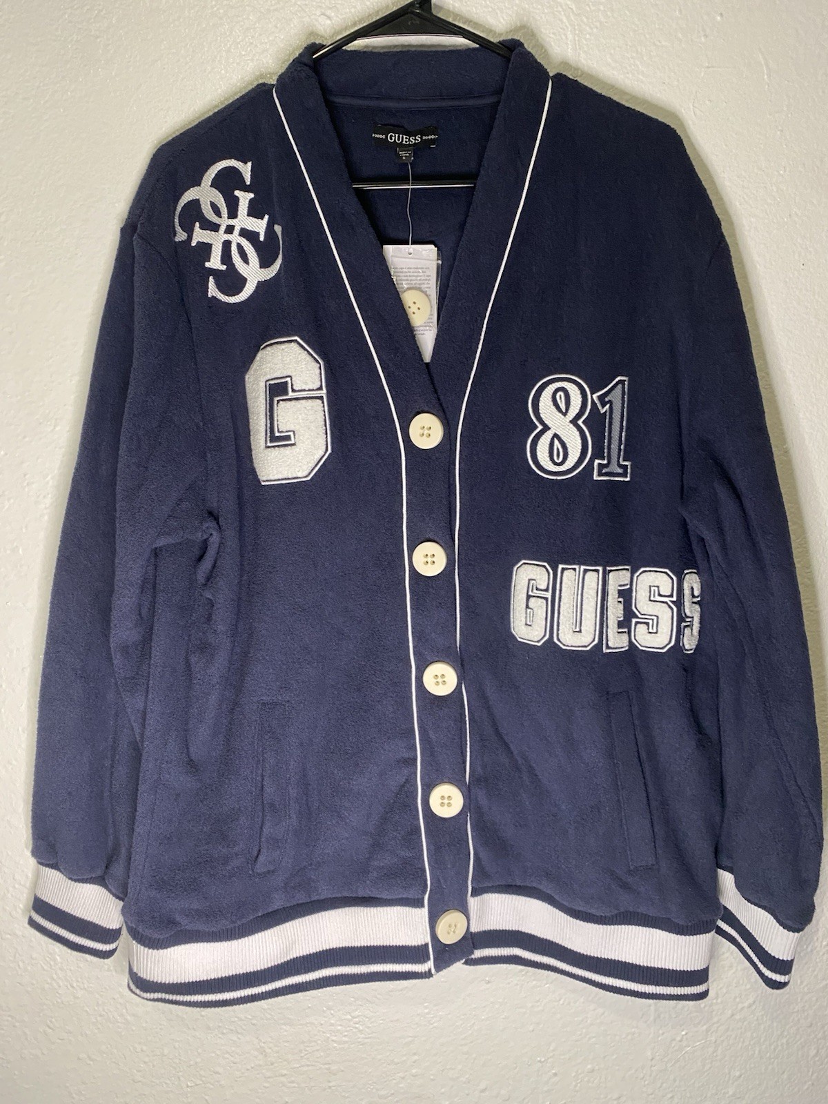NWT Guess Jeans Varsity Patch Fleece Cardigan Jacket Blue White Women\'s Small