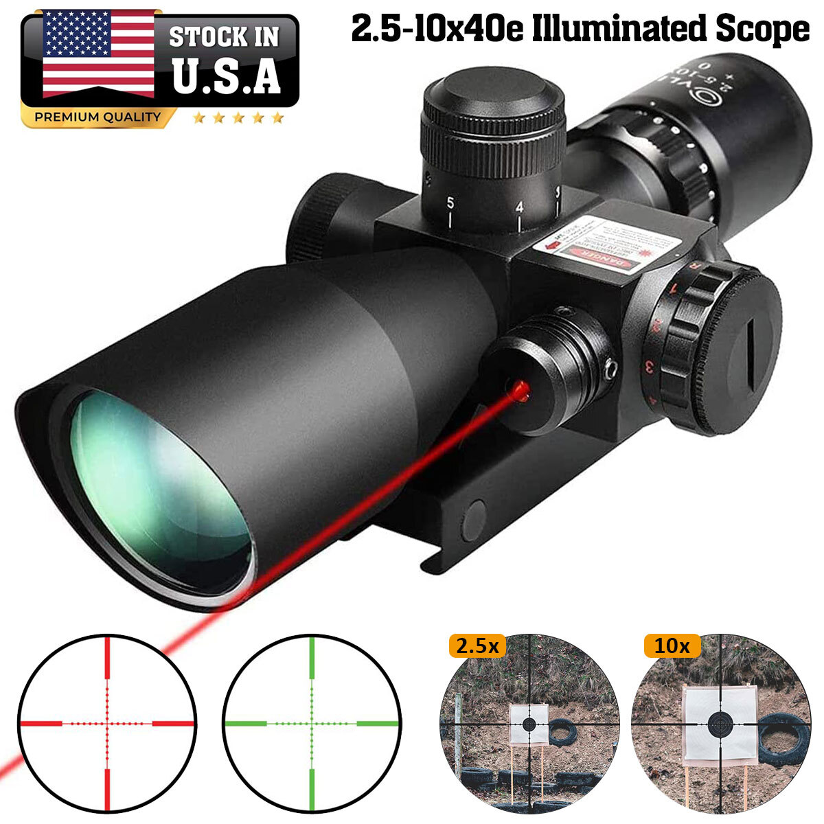 2.5-10x40e Rifle Scope 20/22mm Rail Mount R&G Mil-Dot Reticle w/ Red Laser Sight
