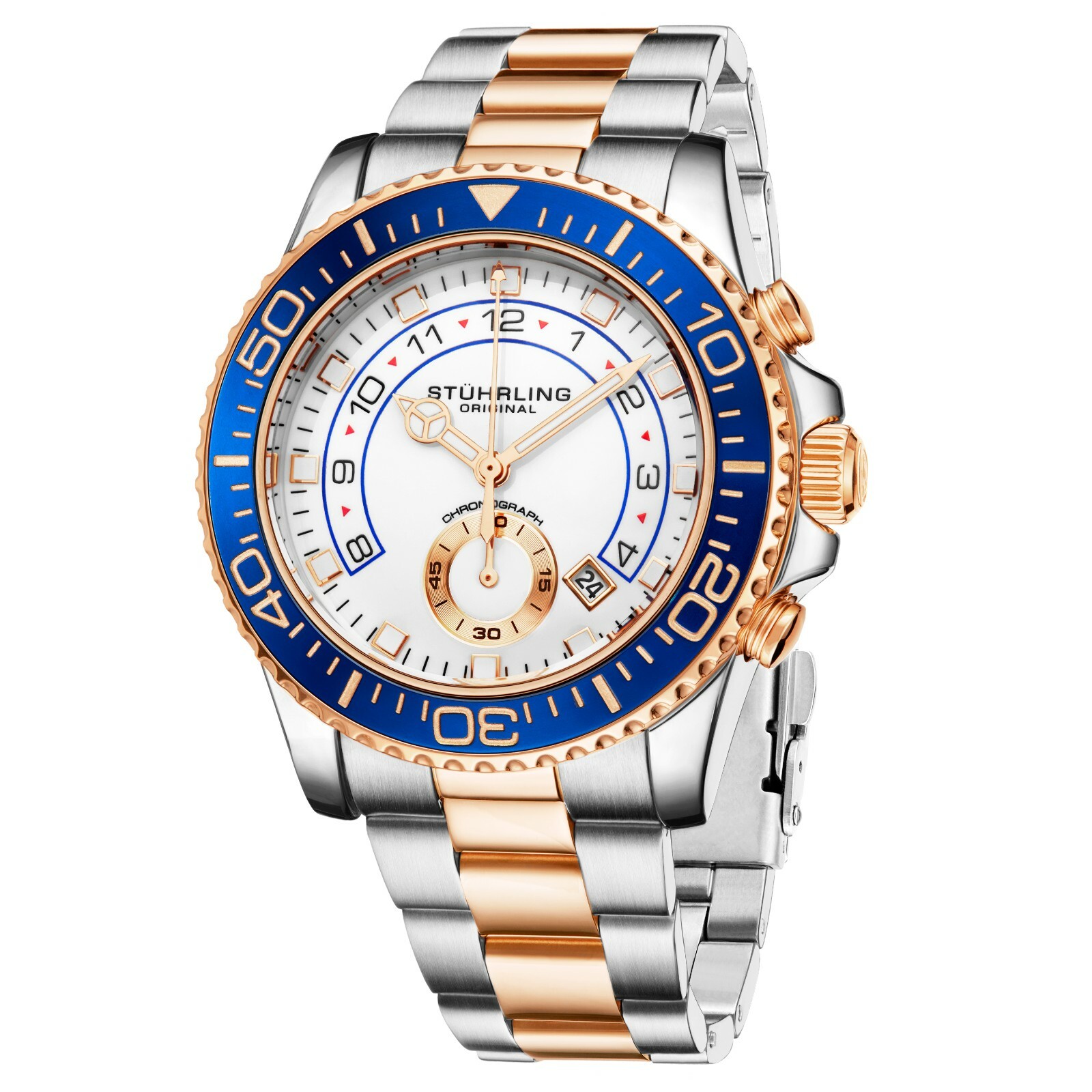 Stuhrling Men\'s Chronograph Diver White & Rose Blue Bezel Silver & Rose Watch Stuhrling Men\'s Chronograph Diver White & Rose Blue Bezel Silver & Rose Watch