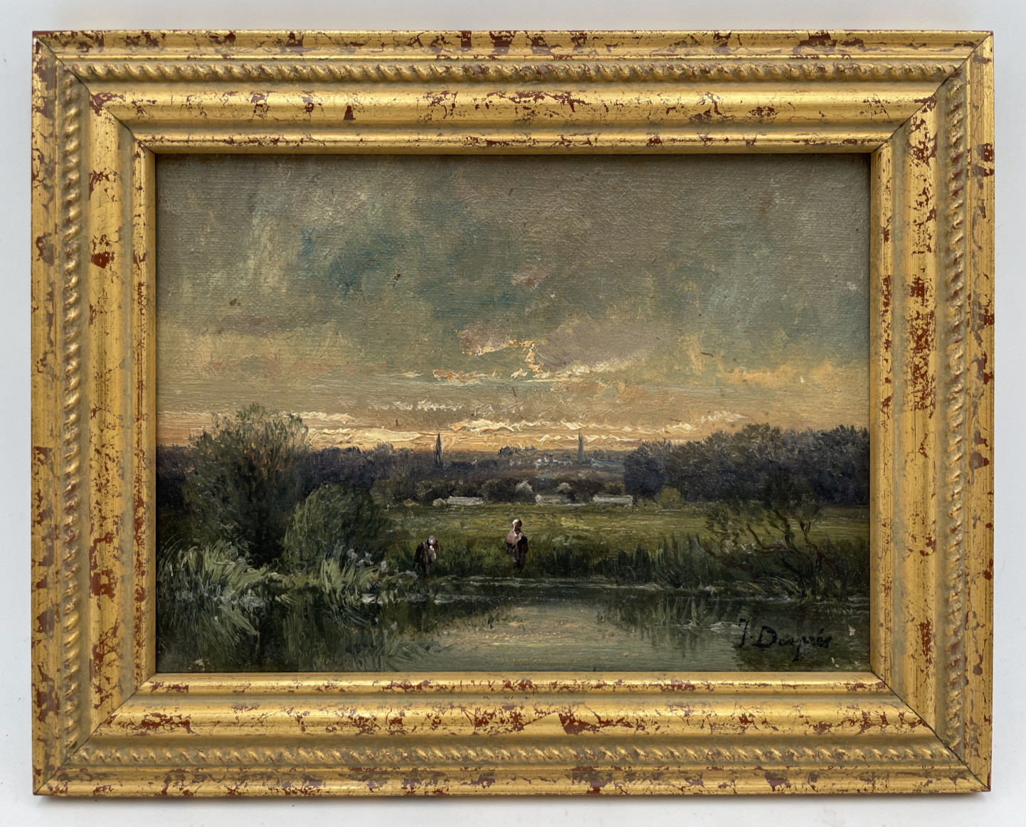 Antique French Barbizon Oil Painting Sunset Pond Landscape Signed 1800s