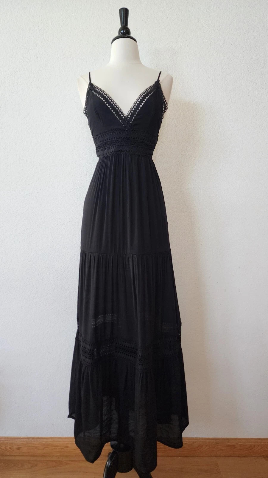New Anthro Maxi Dress Size Small XS Black Crochet Cottage Boho Classy Wedding