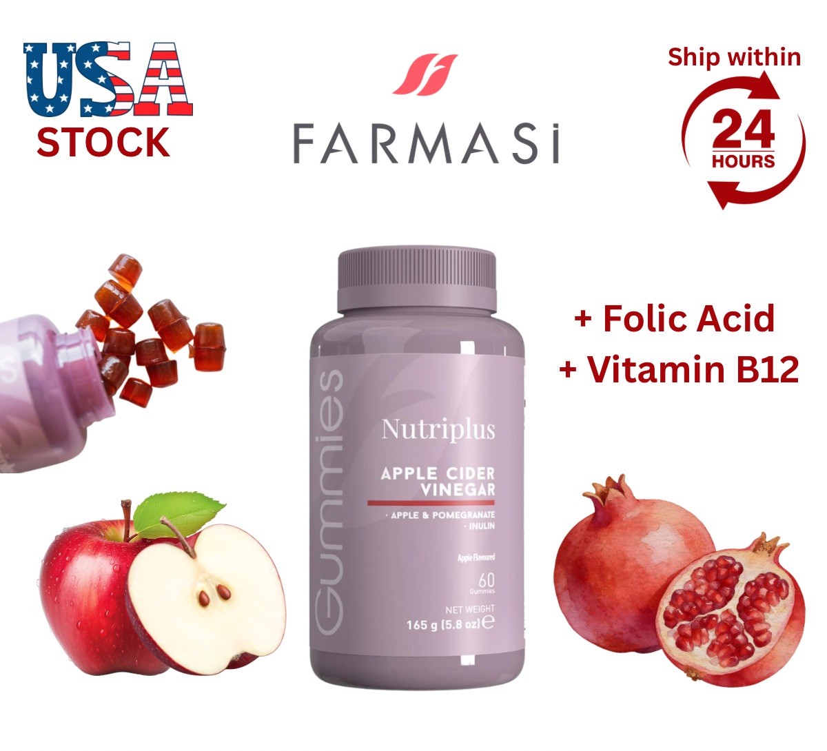 FARMASI Nutriplus Gummies - Apple Cider Vinegar 60 Gummies 5.8oz(FREE SHIPPING) 