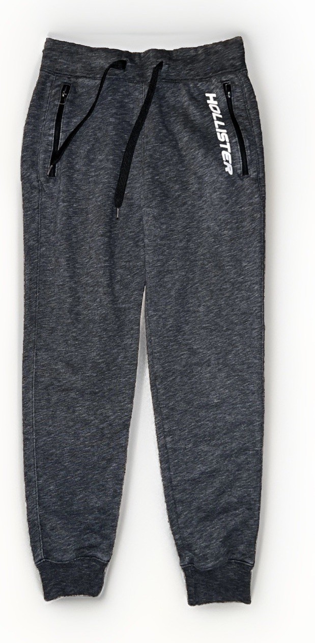 Hollister Co. Mens Graphic Logo Fleece Joggers Charcoal Grey Zipper Pockets XS