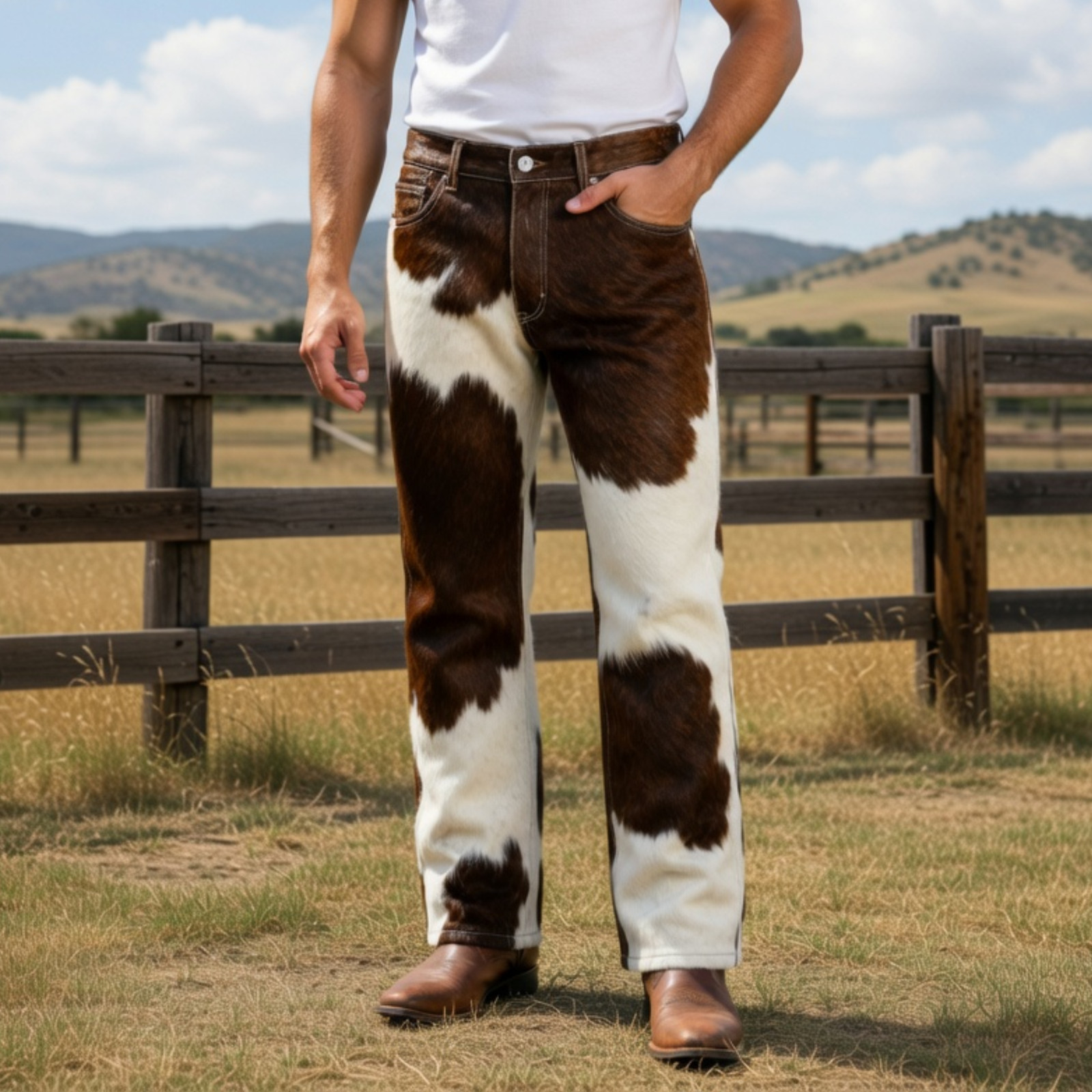 Men\'s Hair-On Cowhide Leather Pants | Real Pony Skin Western Style Cowboy Pants