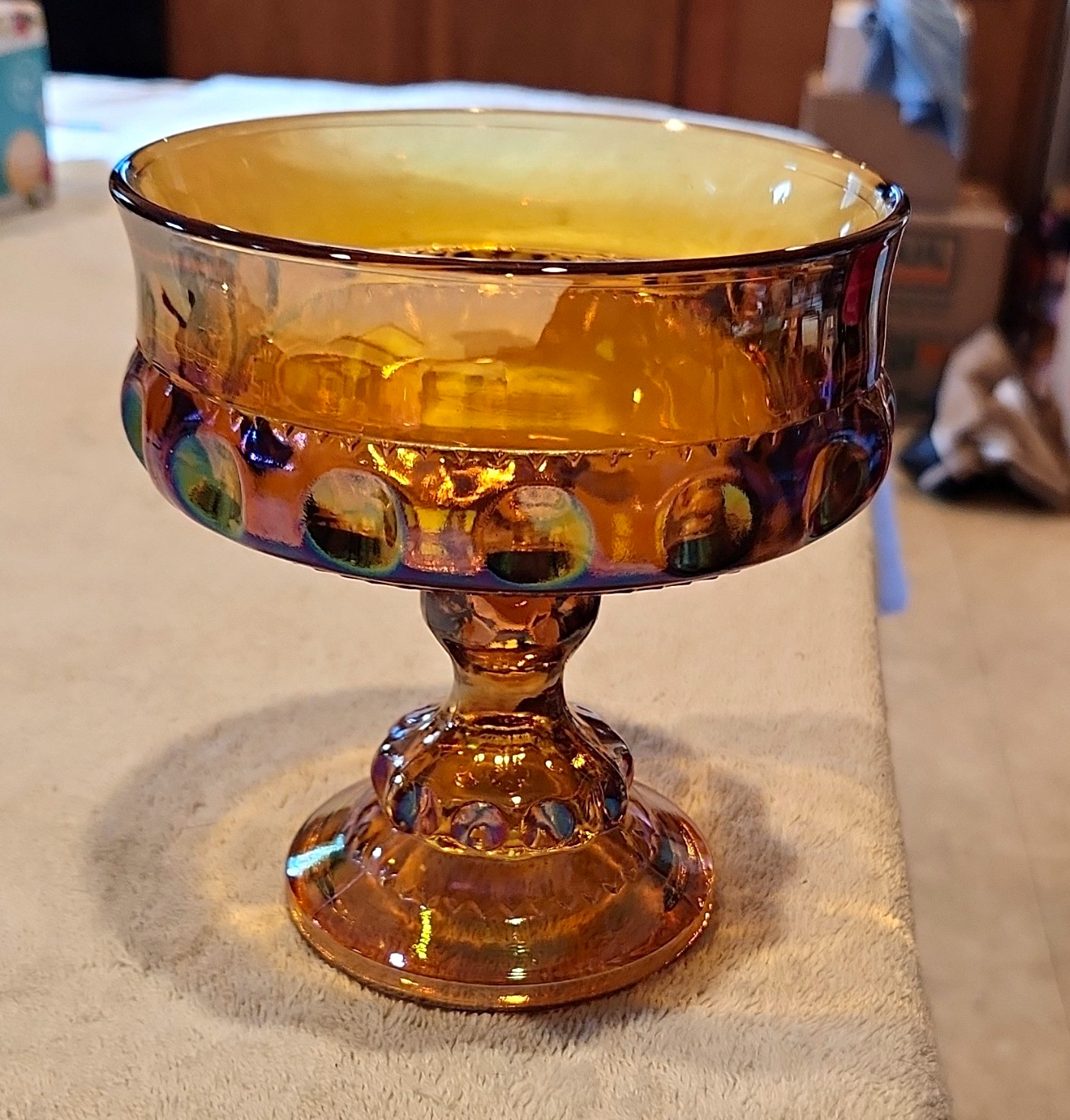 Indiana Carnival Glass Kings Crown Thumbprint Amber Compote Pedestal Candy Dish Indiana Carnival Glass Kings Crown Thumbprint Amber Compote Pedestal Candy Dish