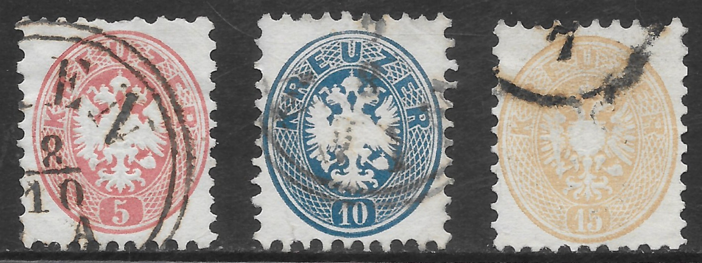 AUSTRIA  SCOTT 24 - 26 USED FINE - 1863/1864 COAT OF ARMS ISSUE
