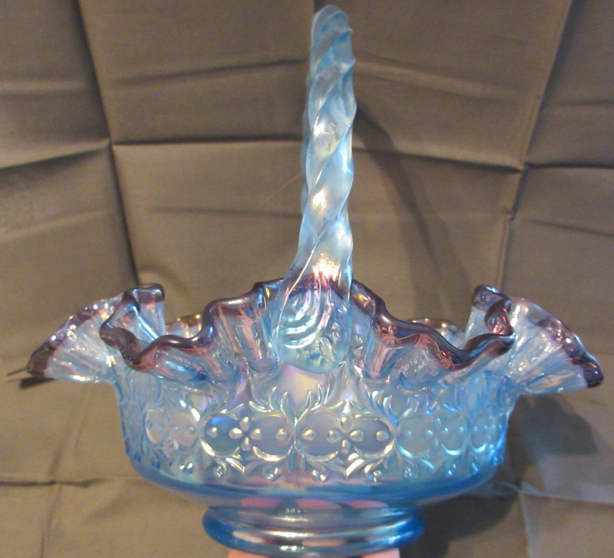 Fenton Glass Blue Iridescent Basket wt Purlpe/Plum Rim & Spanish Lace Pattern