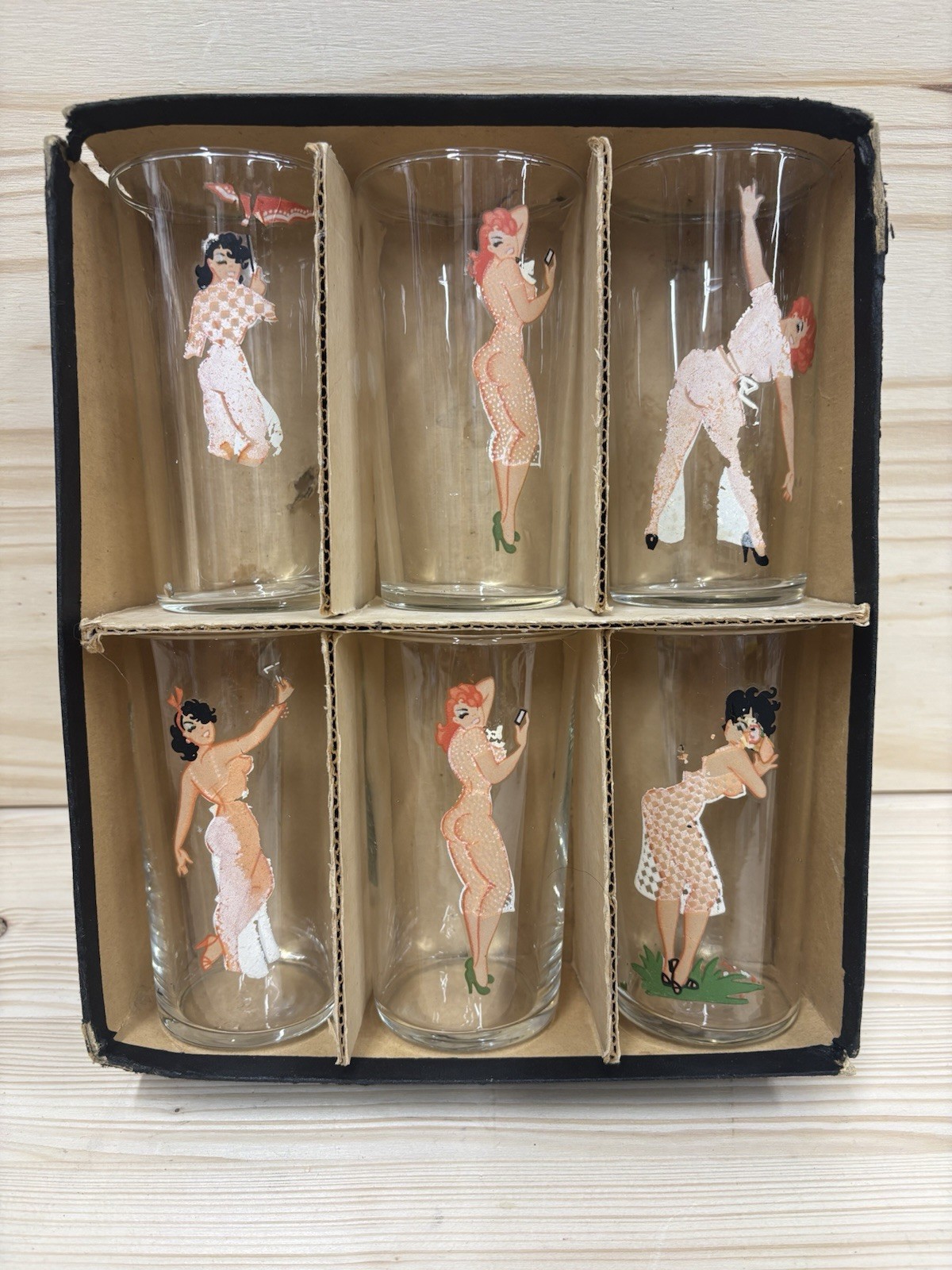 Set of 6 1940s Mystic Glasses Pinup Peekaboo Novelty Tumblers Original Box
