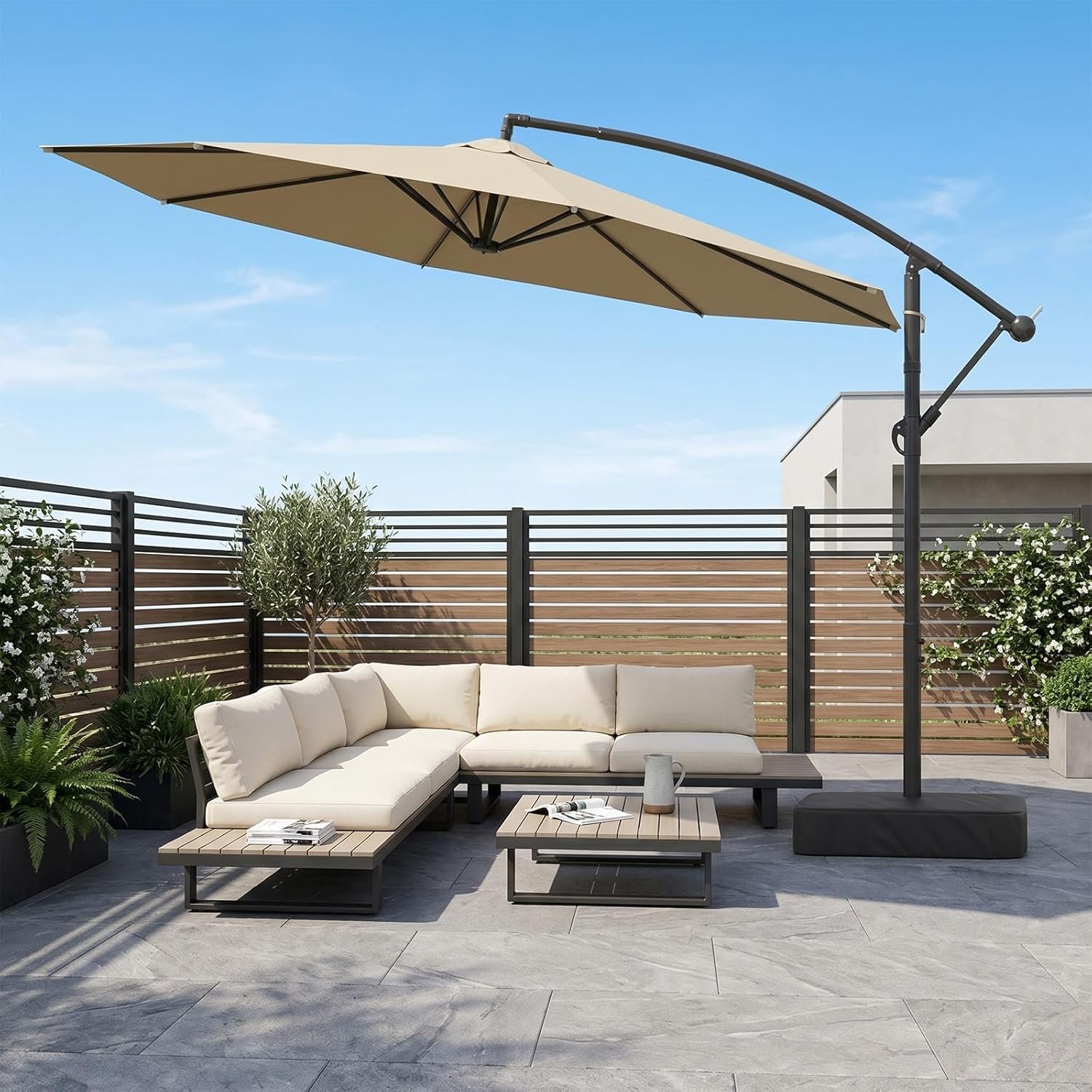SLSY 10ft khaki Cantilever Offset Patio Umbrella 360°Rotation，with Base Patio
