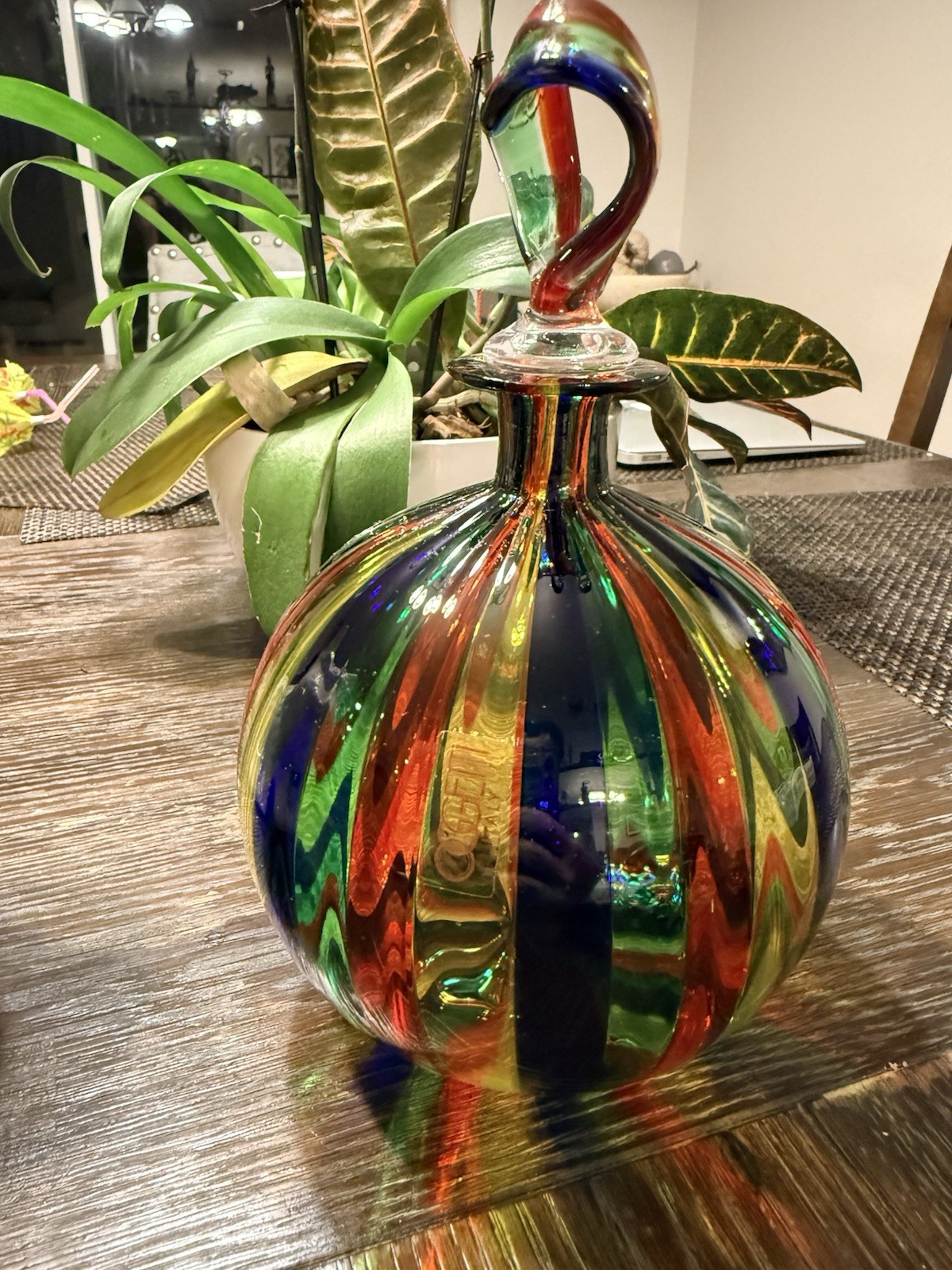 Murano Hand Blown Multicolor Striped Art Glass Decorative Bottle Venice Murano Hand Blown Multicolor Striped Art Glass Decorative Bottle Venice