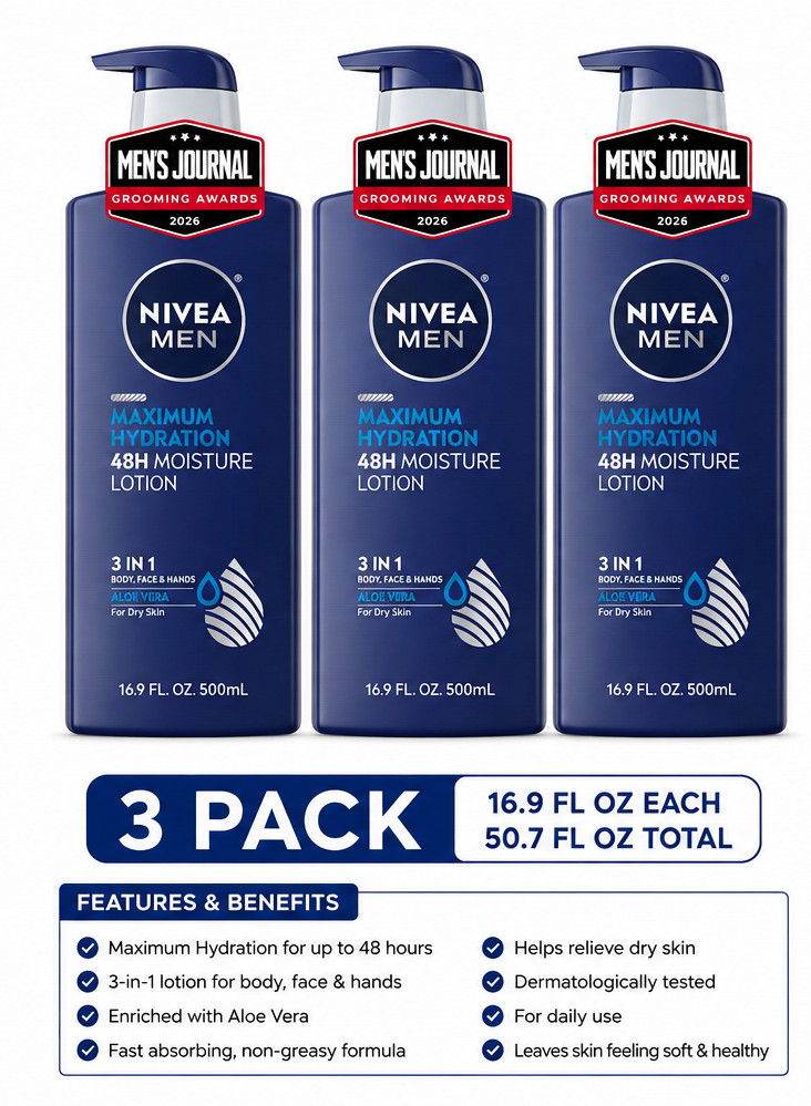 NIVEA MEN Maximum Hydration 3-in-1 Body Face Hand Lotion 16.9 fl oz 3 Pack