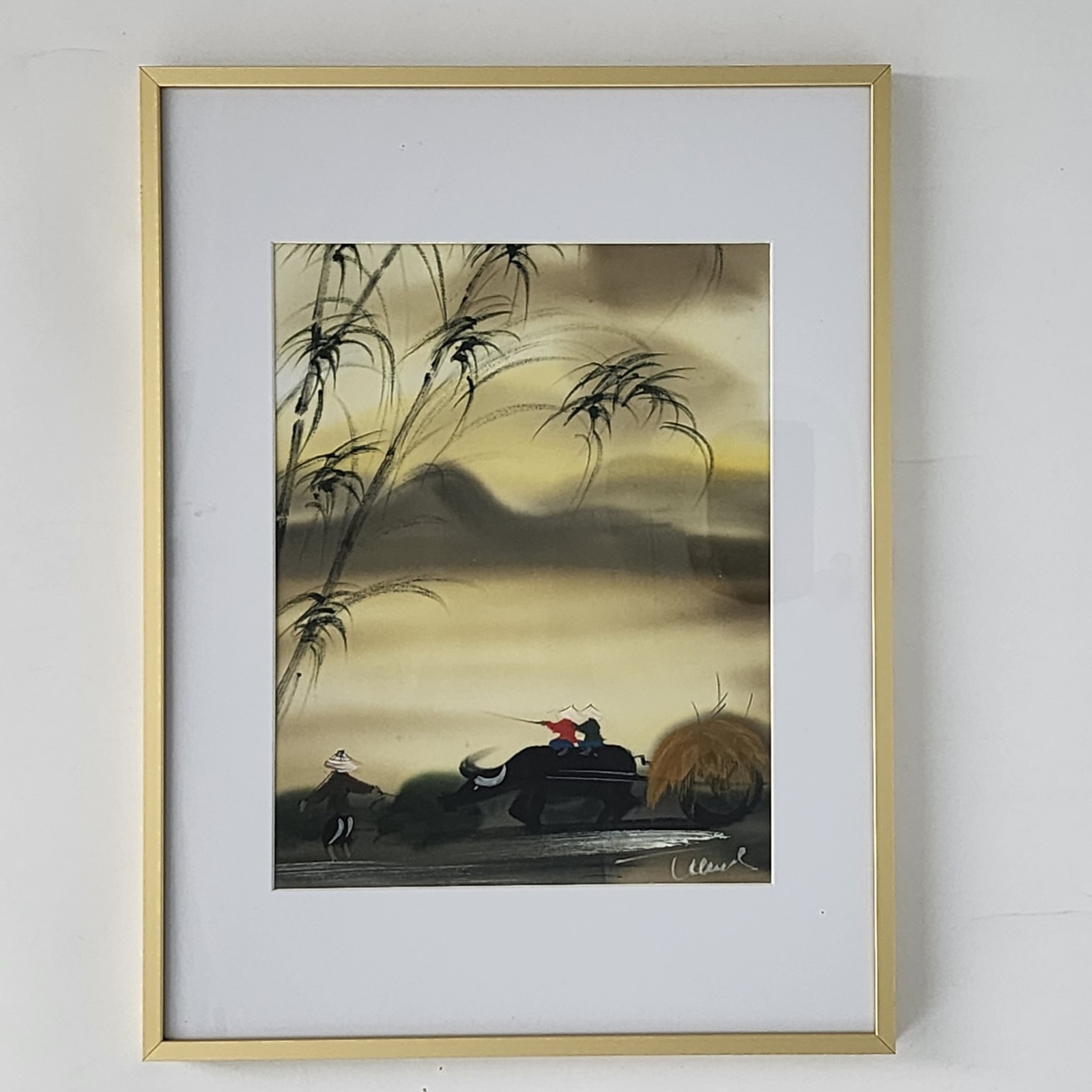 Vintage Vietnamese Silk Painting Water Buffalo Scene Hand Painted Signed Framed