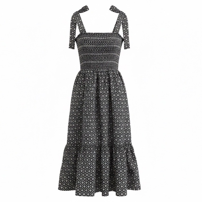 VICI Black White Geometric Floral Smocked Tiered Tie Strap Midi Dress Cottage L VICI Black White Geometric Floral Smocked Tiered Tie Strap Midi Dress Cottage L