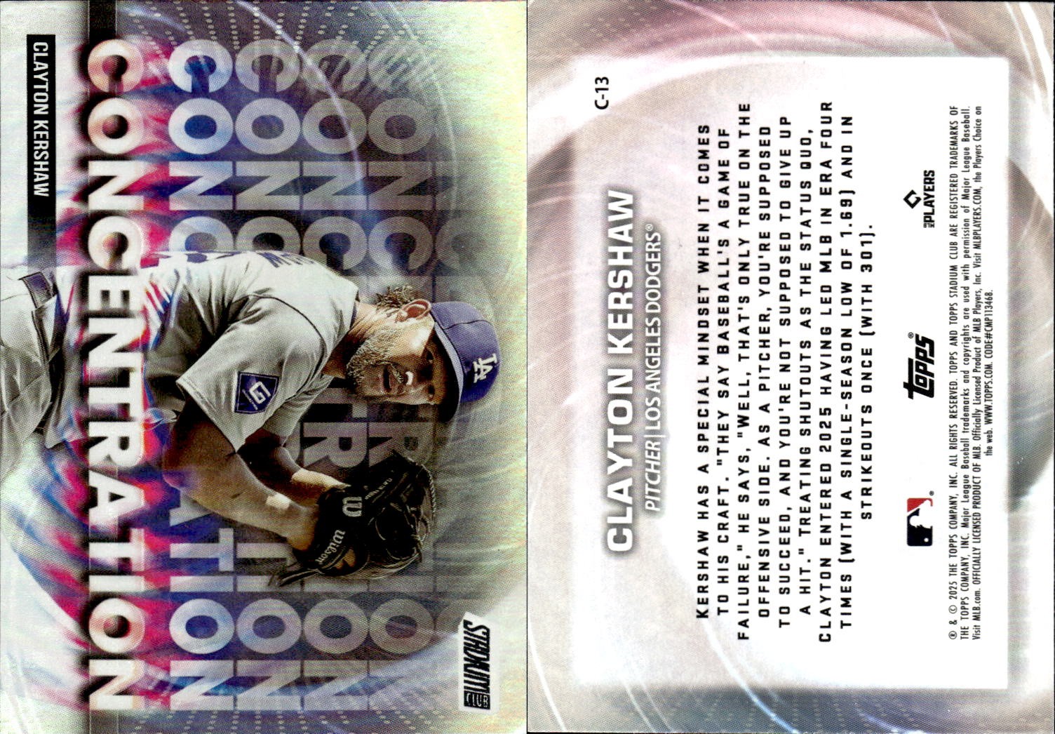 2025 Stadium Club #C-13 Clayton Kershaw Concentration Turquoise Foil #/99