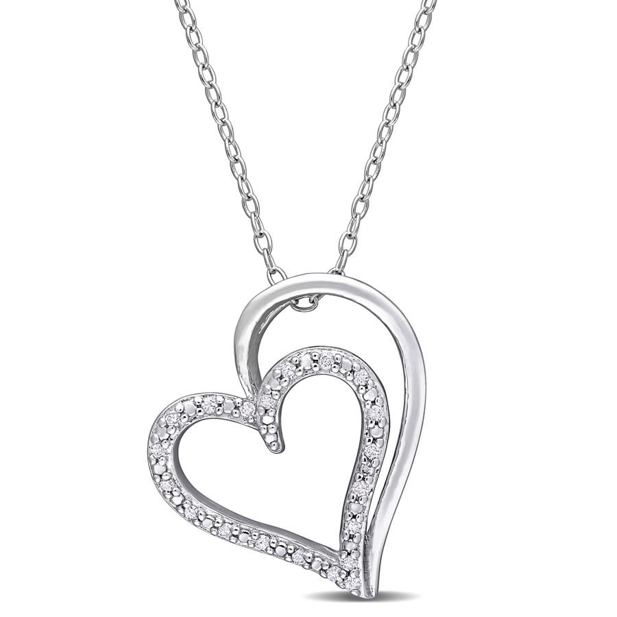 AMOUR 1/10 CT TDW Diamond Double Heart Pendant with Chain In Sterling Silver