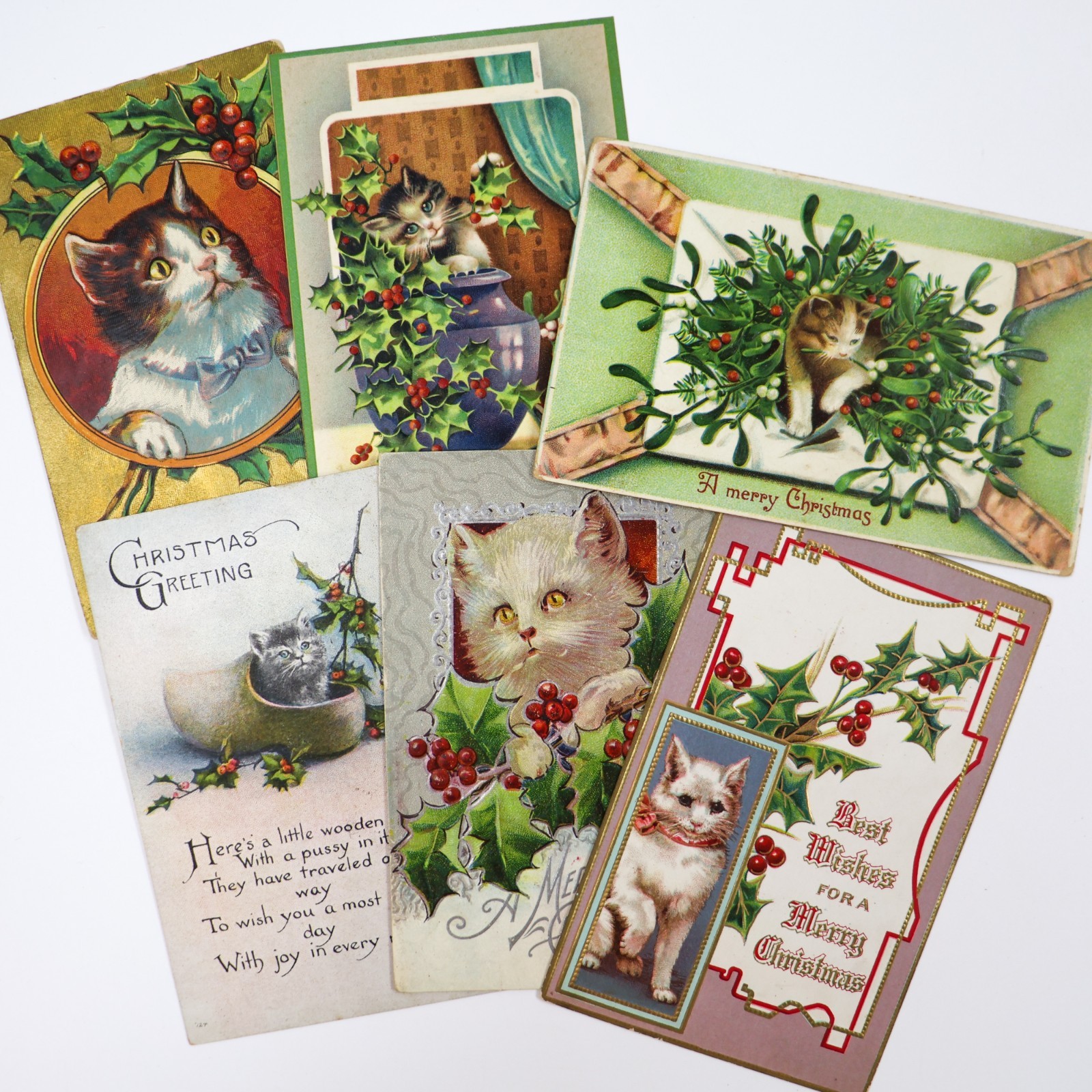 Vintage Antique Postcards Cats Christmas LOT of Six KIttens Embossed Holiday