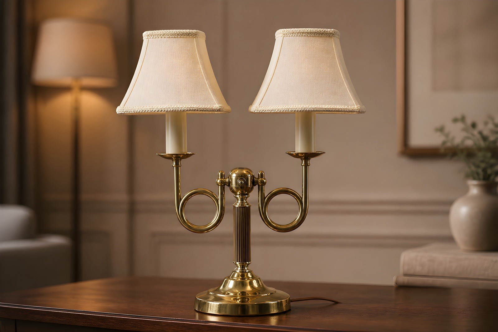 Vintage Alsy Baldwin Brass two-armed table lamp with French horn arms 17.5”