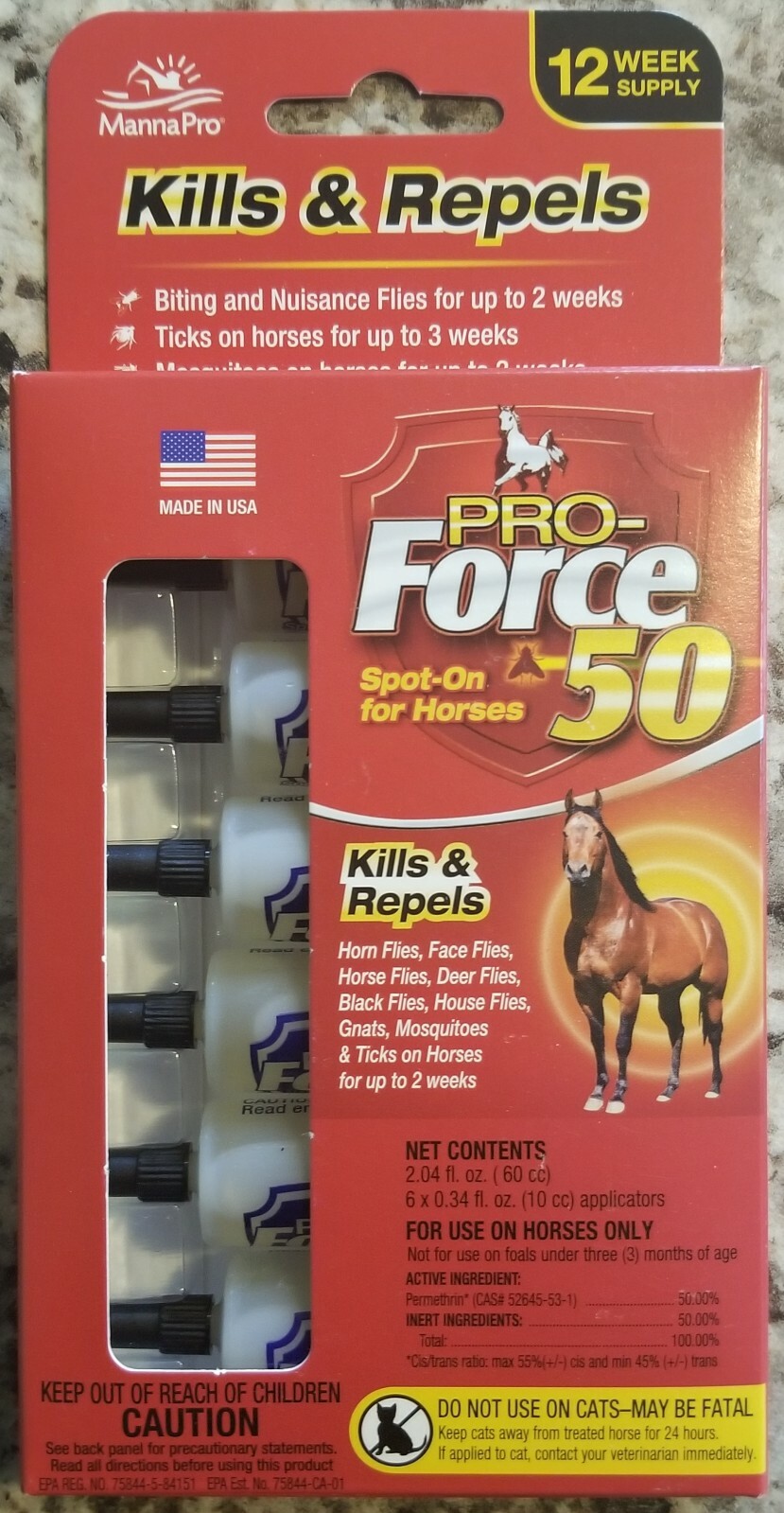 MANNA PRO PRO-FORCE 50 Spot-On Fly Tick Mosquito Control for Horses ***FRESH*** 
