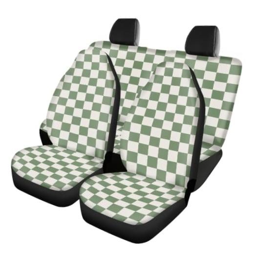 Checkered Car Seat Covers Full Set Universal Classic Sage Green Green White