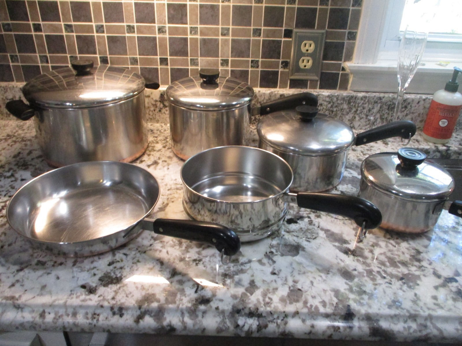 10 pc Lot Vtg REVERE WARE Pre-1968 Copper Bottom Skillet & Saucepans Set