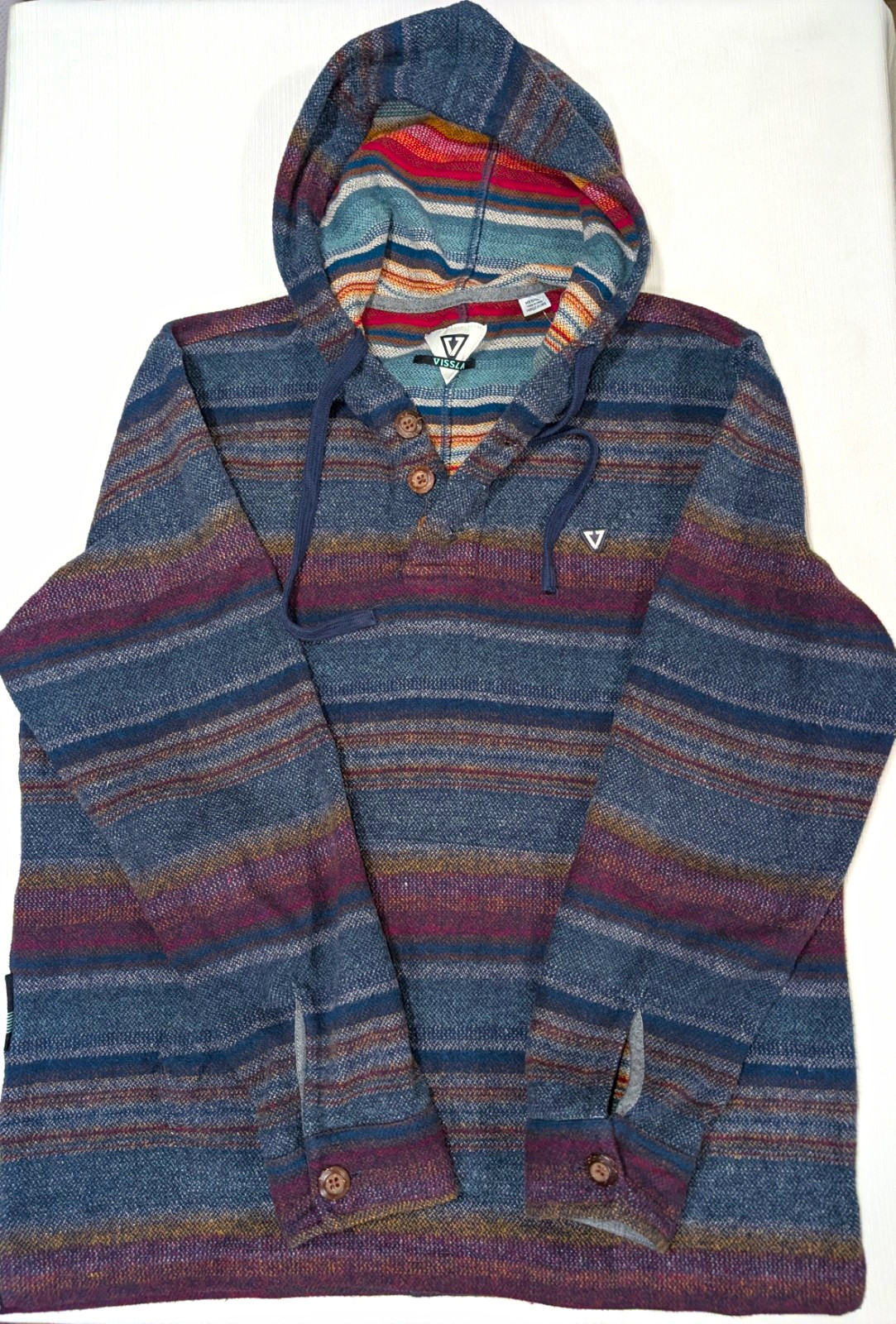 Vissla Men\'s Striped Henley Pullover Hoodie Button Drawstring Blue Multi M