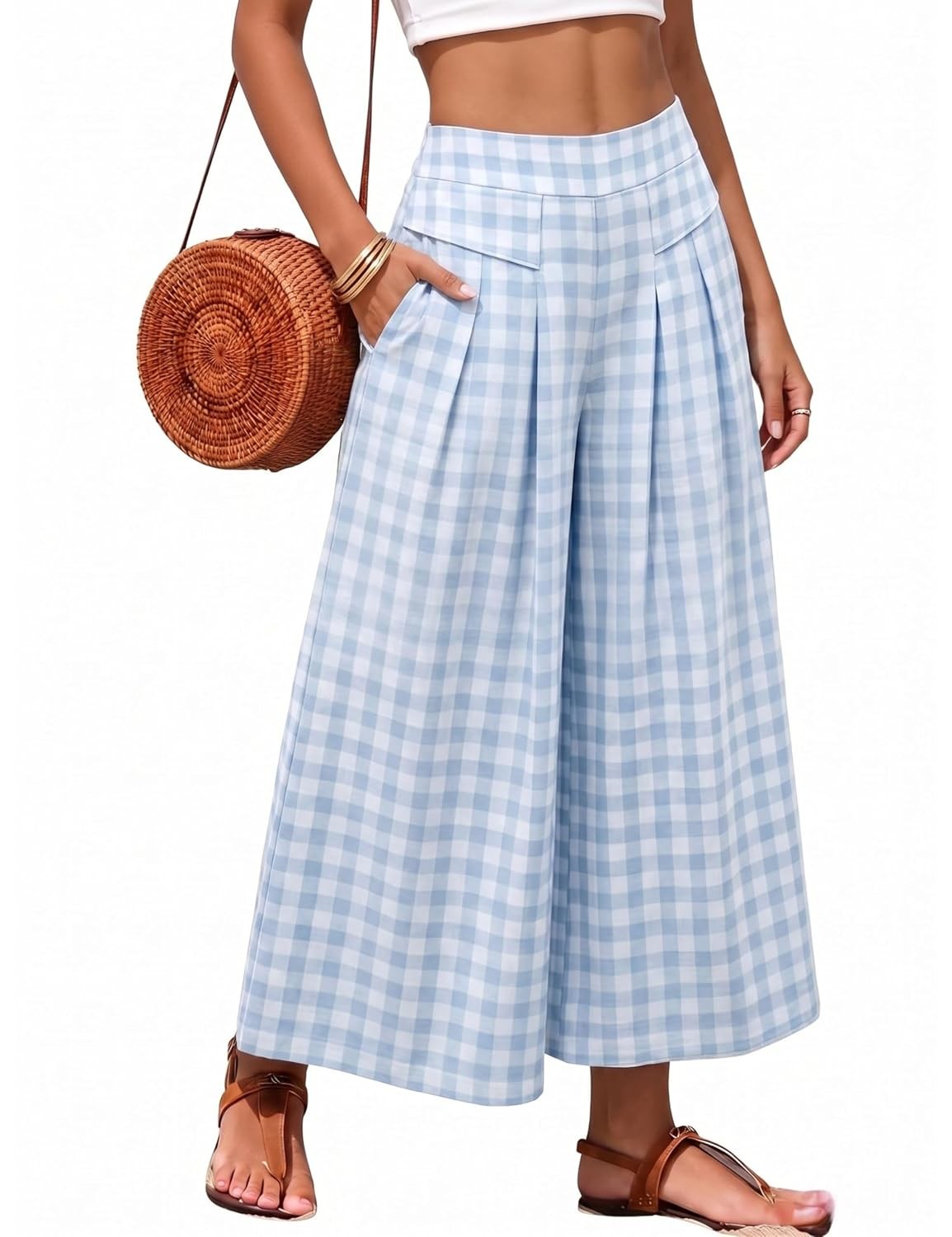 Athlisan Womens Summer Gingham Plaid Culottes Pants Elastic Waist Wide Leg Capri