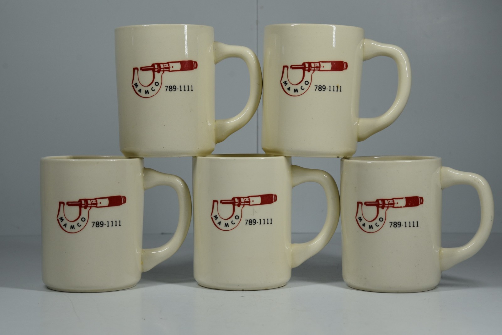 5 Vintage Engineering Mugs USA Pottery Coffee Cups MAMCO Micrometer Tool