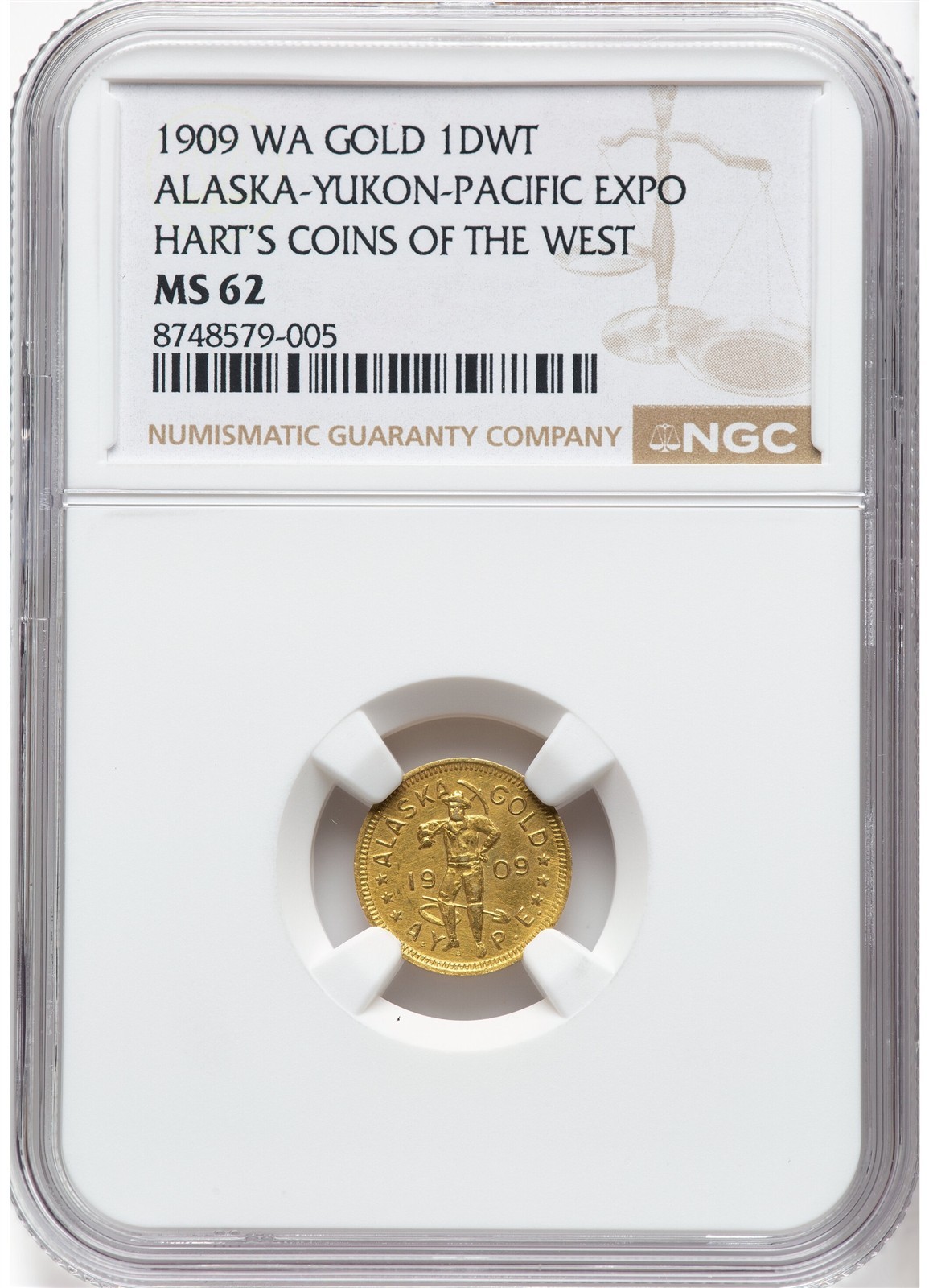 1909 Alaska-Yukon-Pacific Expo Gold 1 DWT, MS62 NGC, Hart\'s Coins of the West