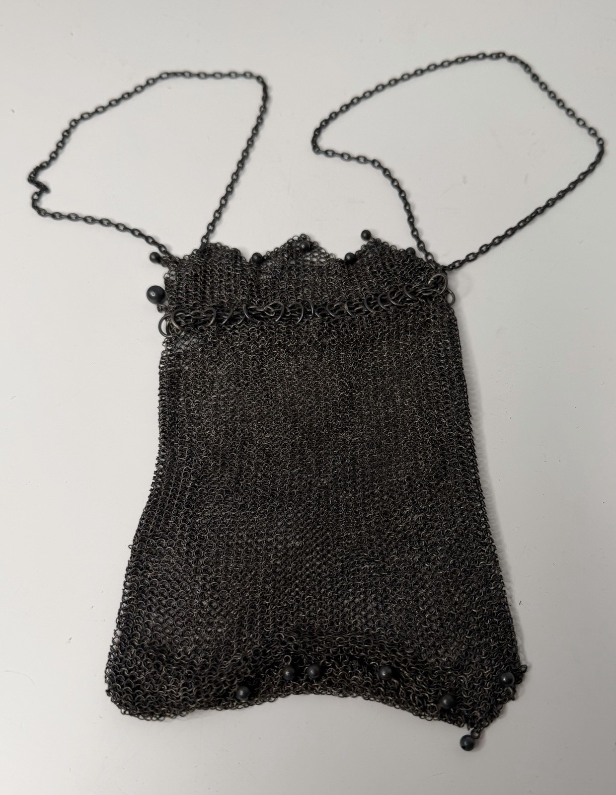 Sterling Silver Antique Mesh Purse Finger Chain Ball Drops