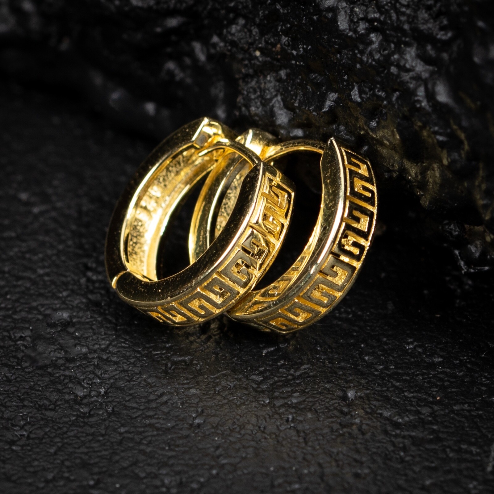 Mens Small Solid Yellow Gold Plated Greek Huggie Hoop Earrings