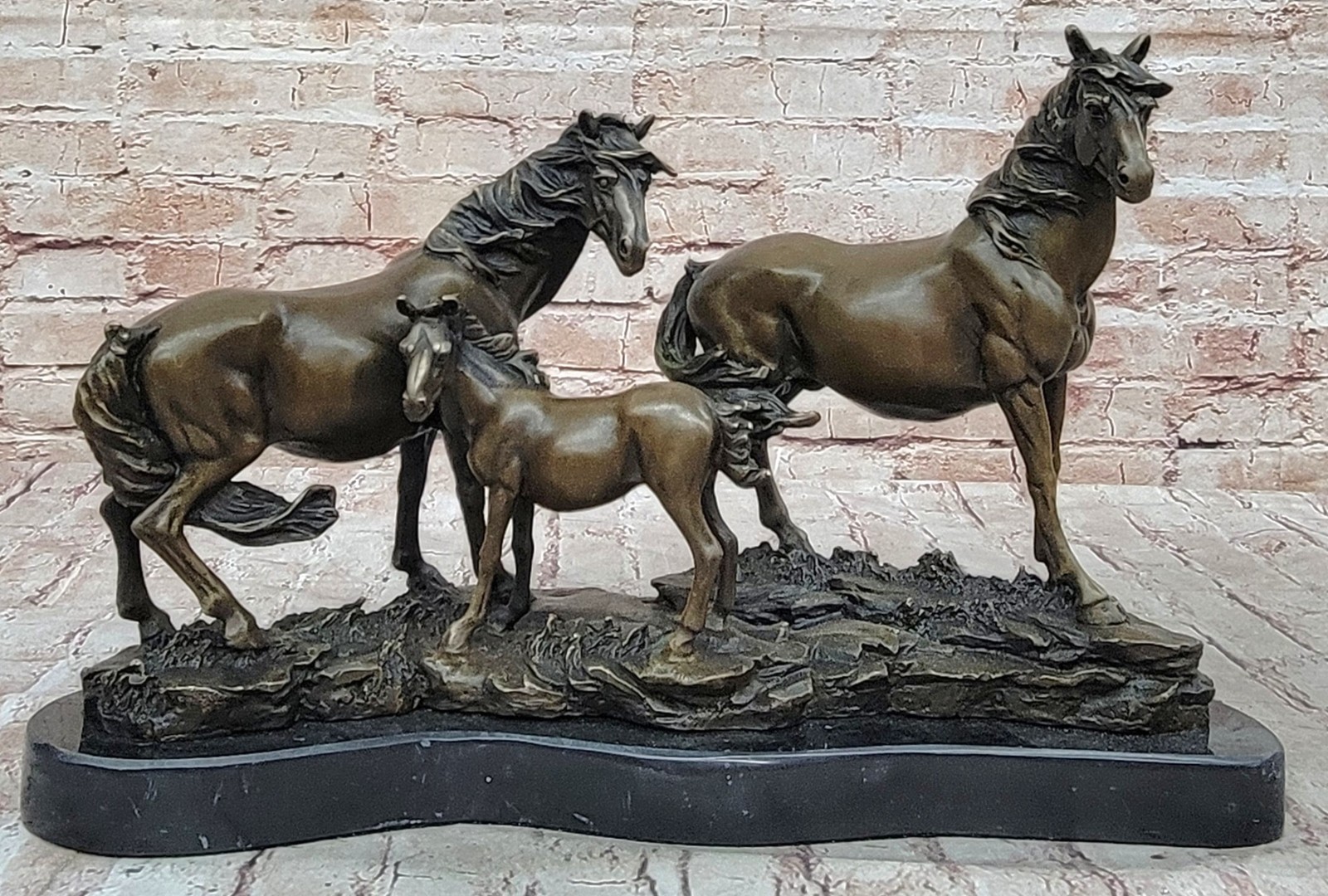 Signed Mene Horse Family Bronze Sculpture Art Deco Marble Base Figurine Decor
