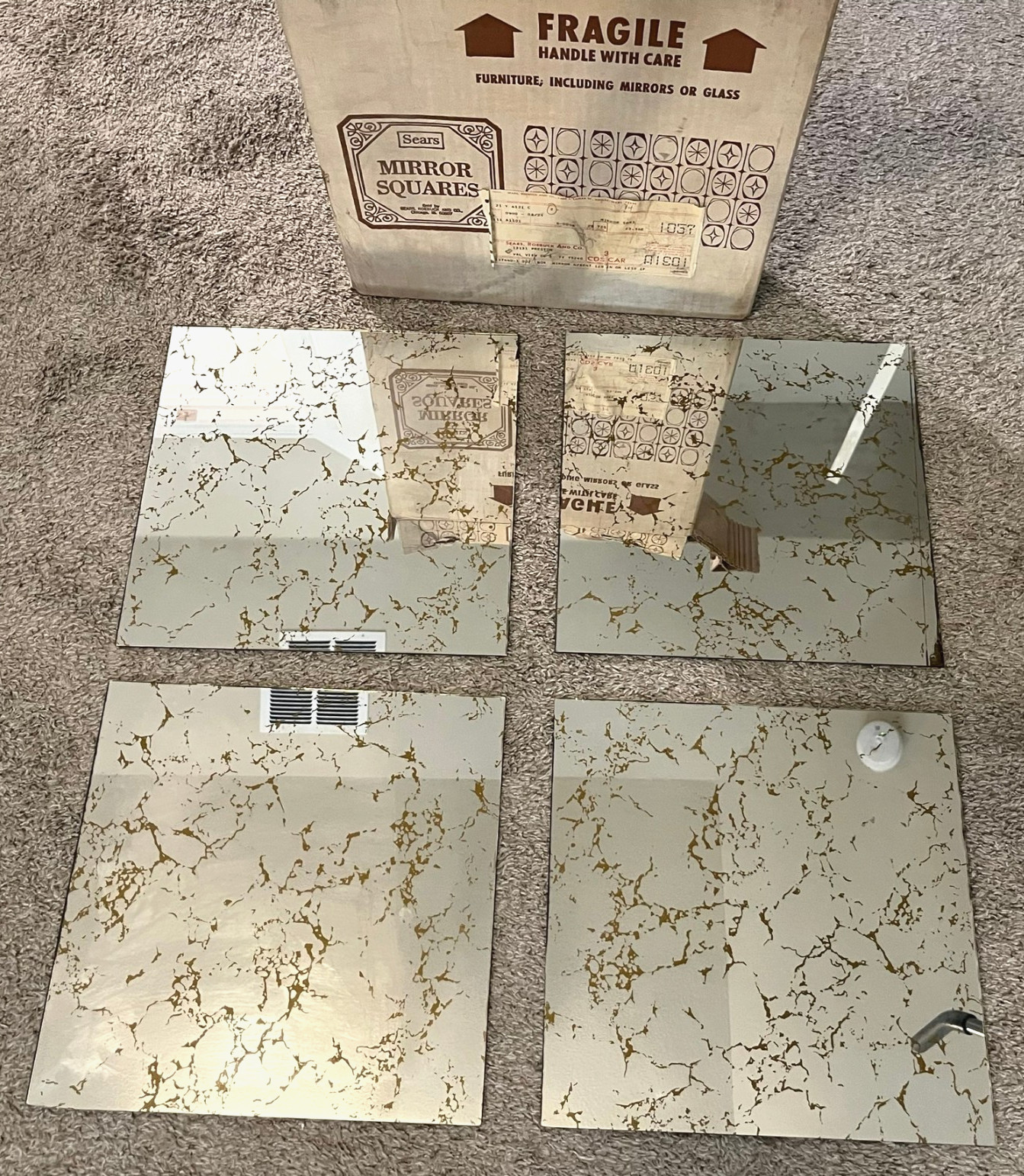 (4) Vintage SEARS 1970s MCM Mirror Tiles Gold Vein Glass - Hanging Decor 12